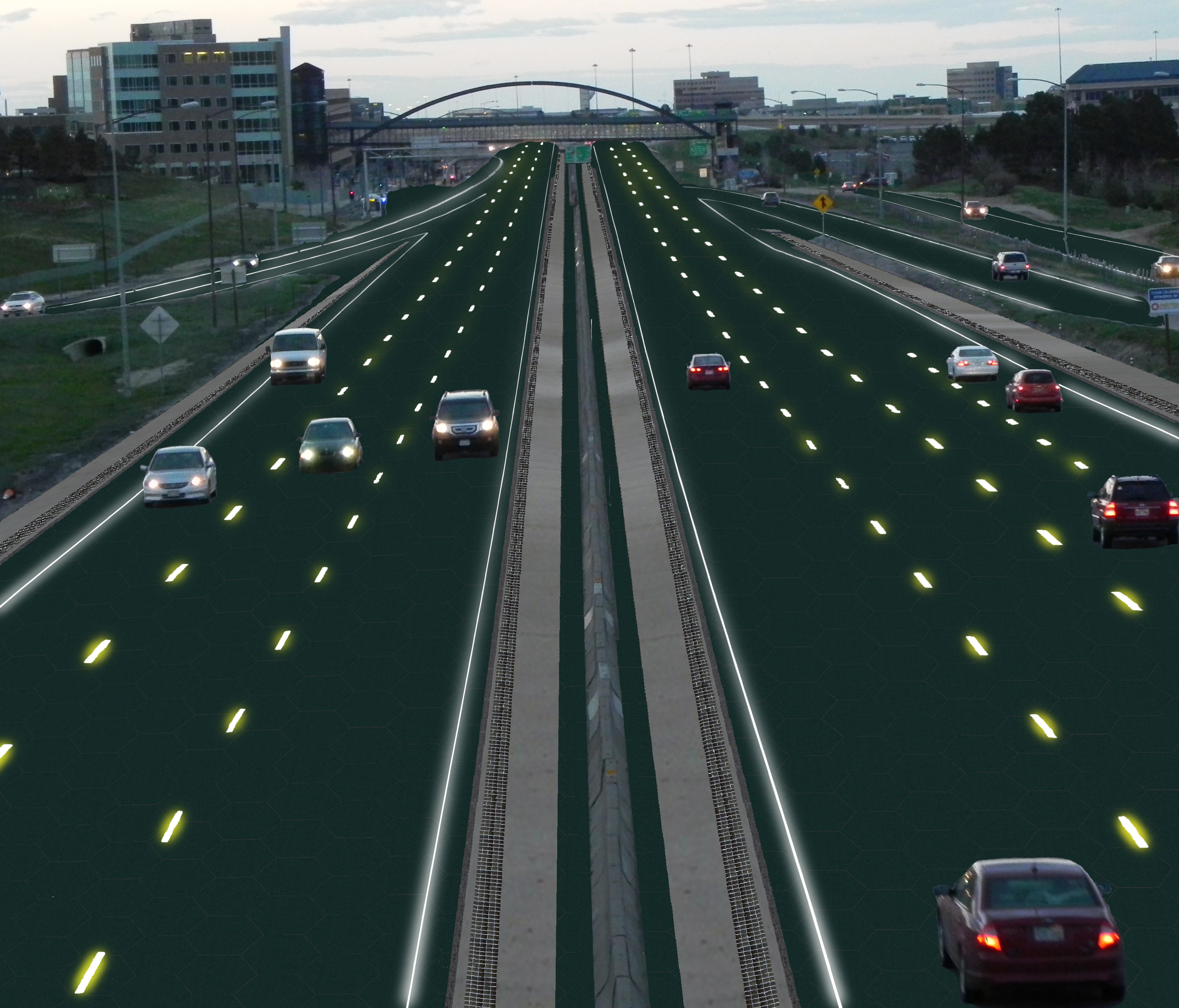 An artist's rendition of an interstate solar roadway.