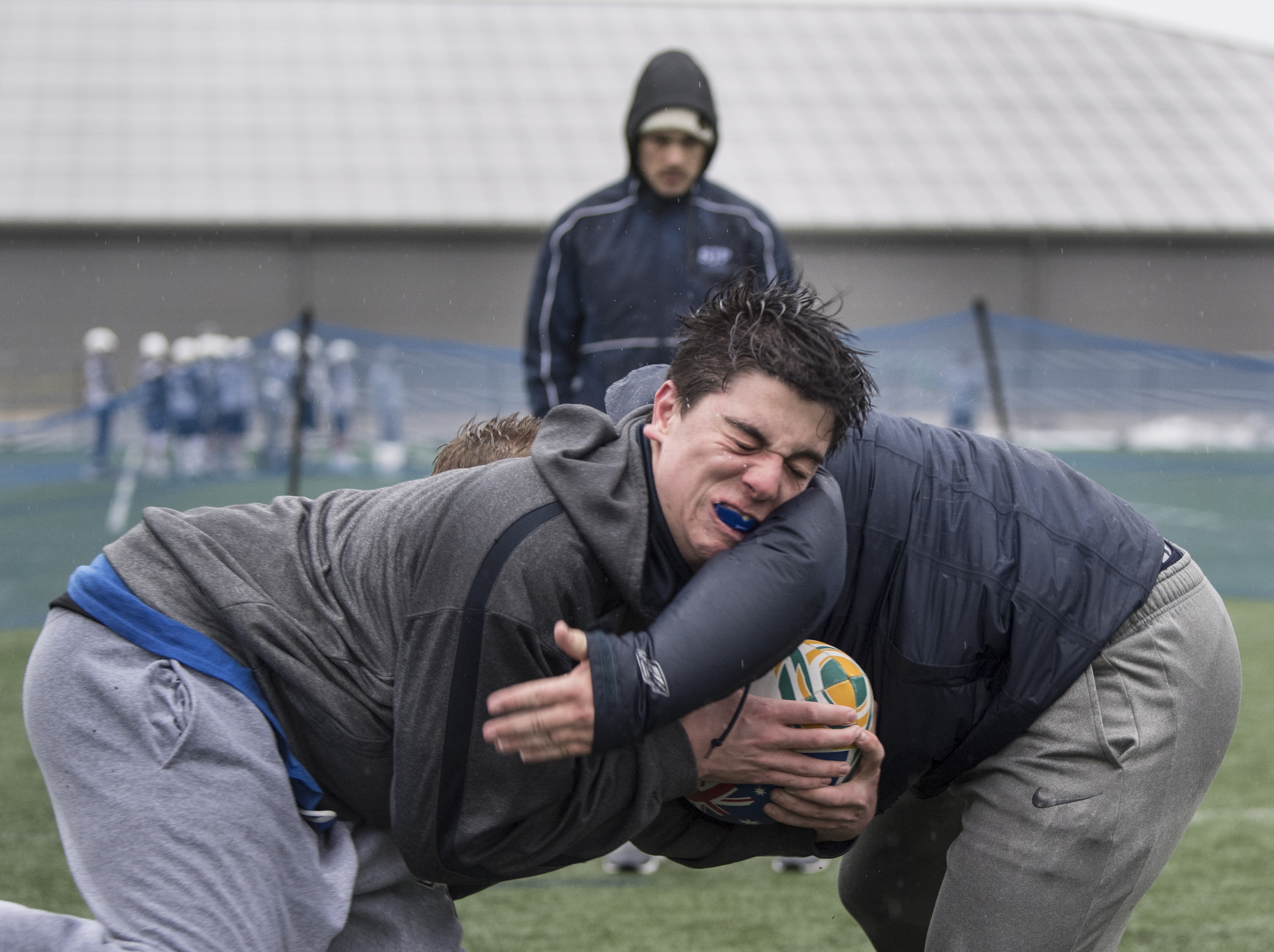 Michael McShane (left) battles with Connor Robinson during practice.