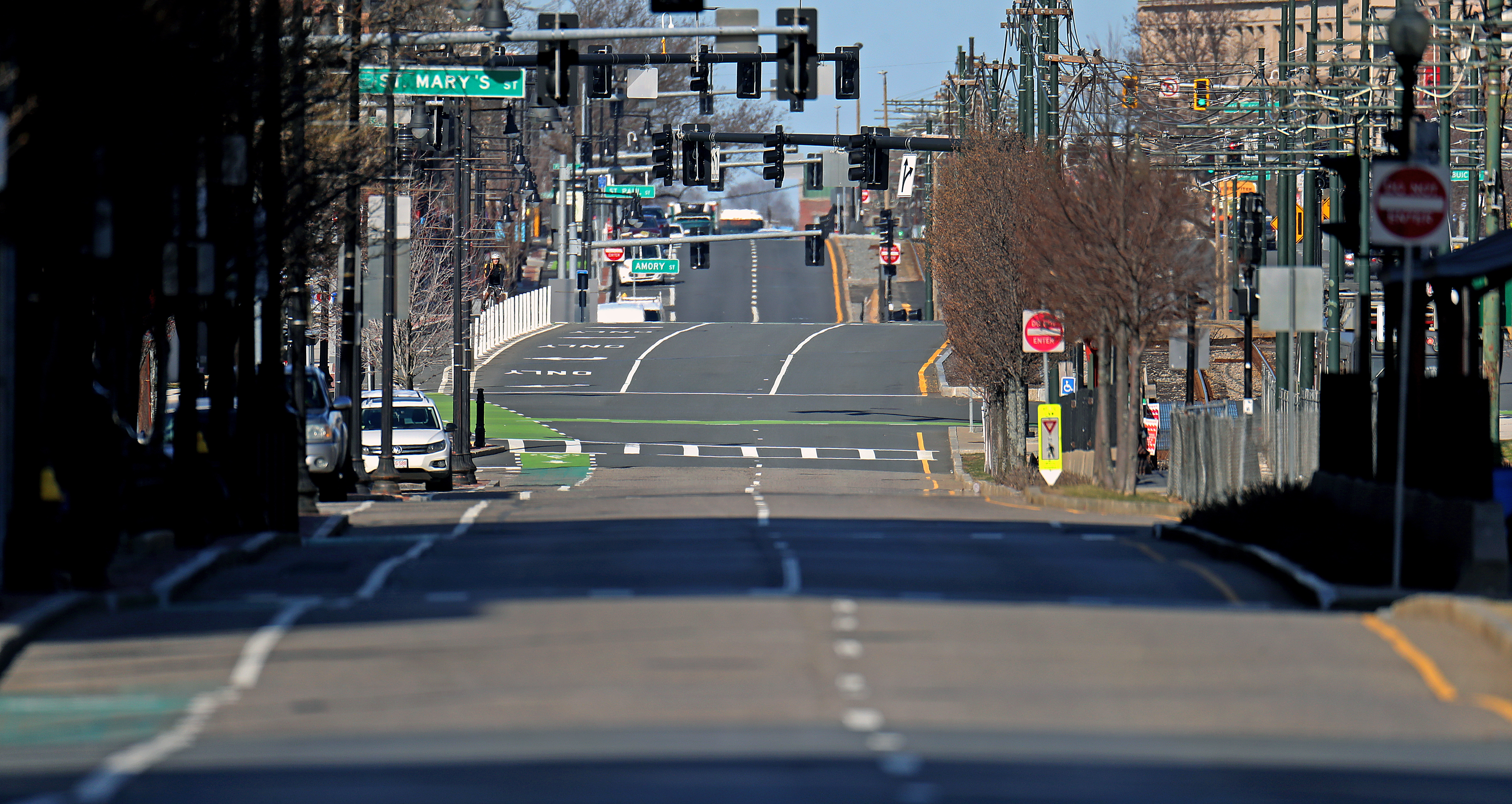 There is no traffic mid-day on Commonwealth Avenue near Boston University on March 27.