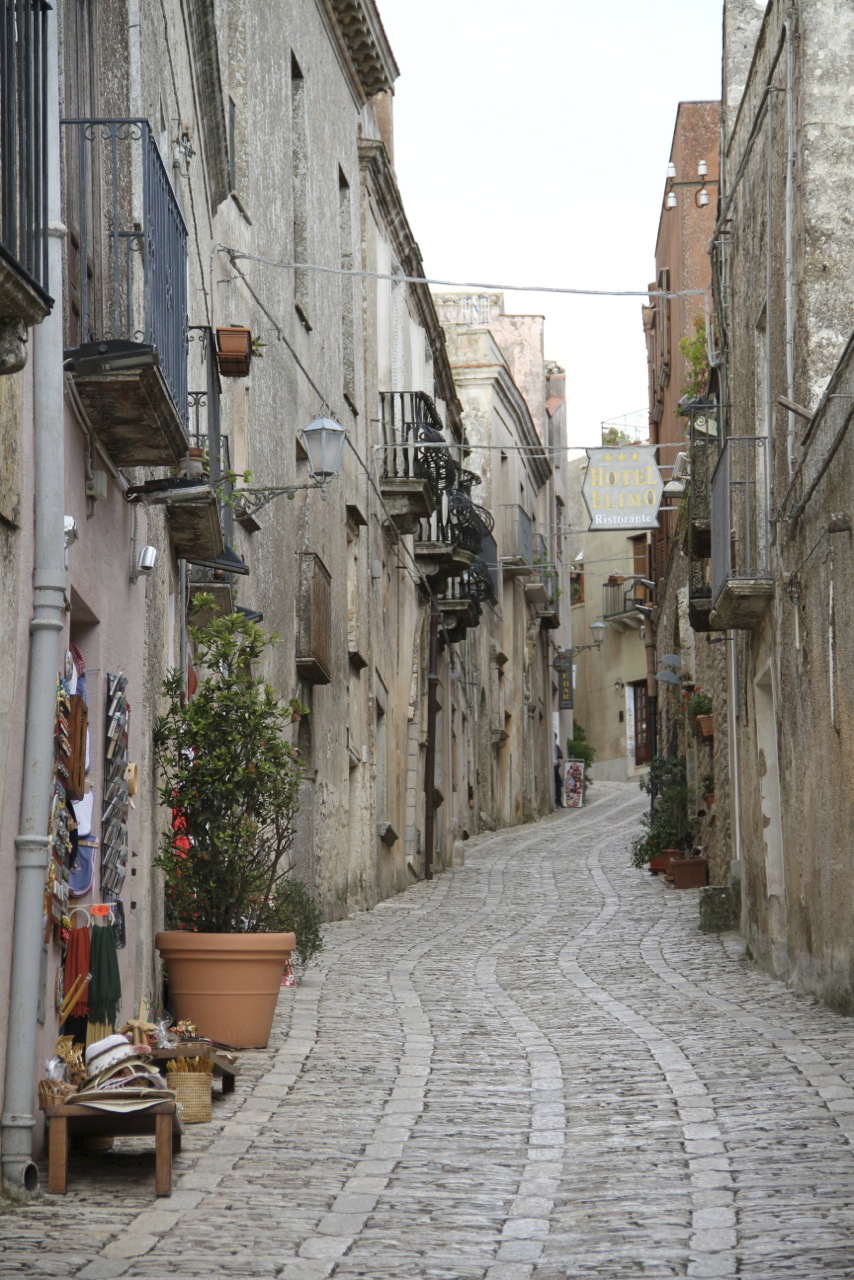 A cobblestone street in Erice.