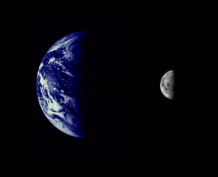 An image of Earth and the moon created from photos by Mariner 10, launched in 1973.
