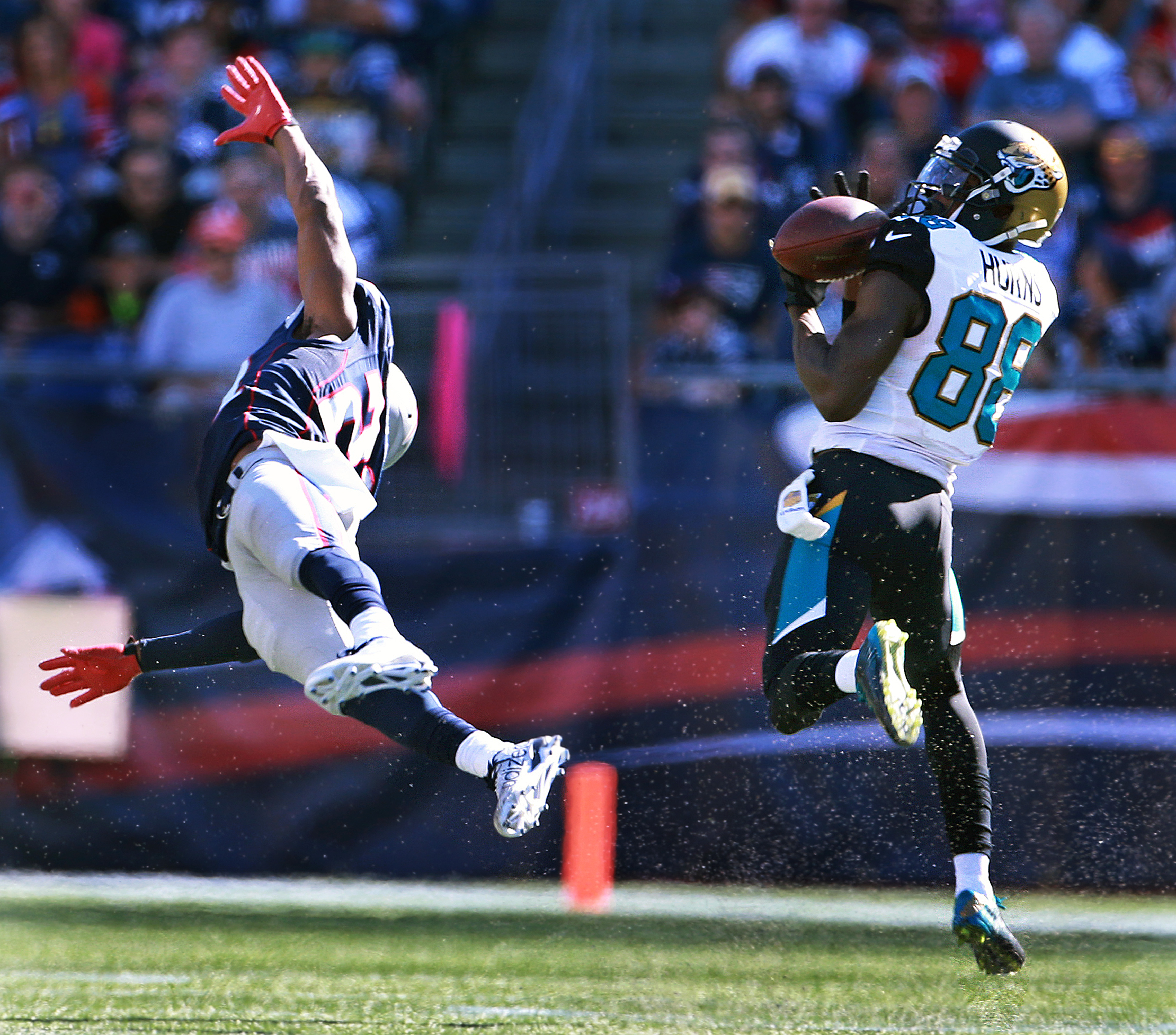 In one of the few bright spots for the Jaguars, wide receiver Allen Hurns left Patriots cornerback Malcolm Butler hanging on this 59-yard touchdown pass from Blake Bortles in the third quarter.