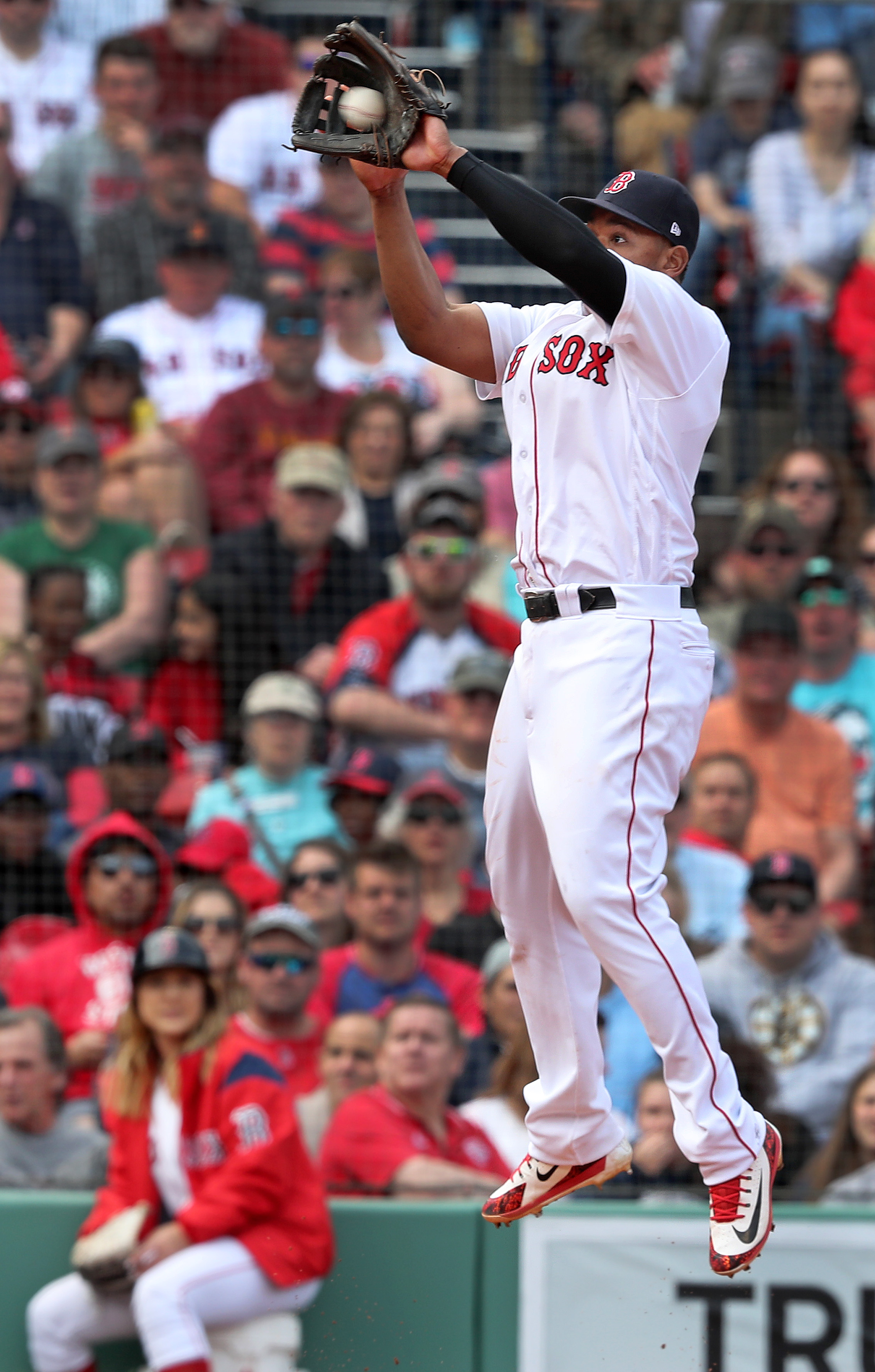Third baseman Rafael Devers made a nice leaping catch to take away a hit and possible RBI from the Orioles’ Joey Rickard to end top of the sixth inning, stranding the tying run on second base.