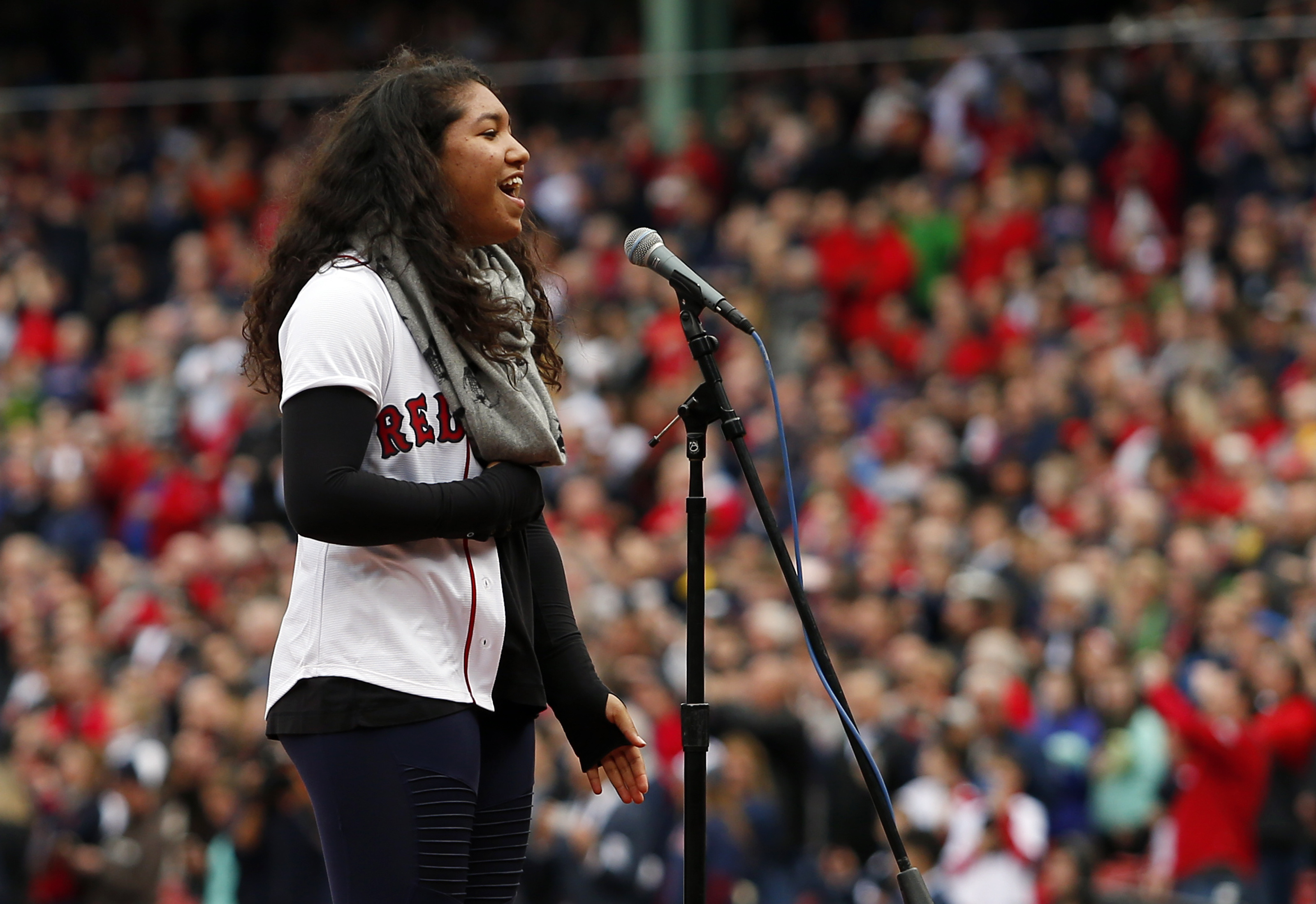 David Ortiz’s daughter Alexandra sang the national anthem at Fenway Park before the 2016 home opener.