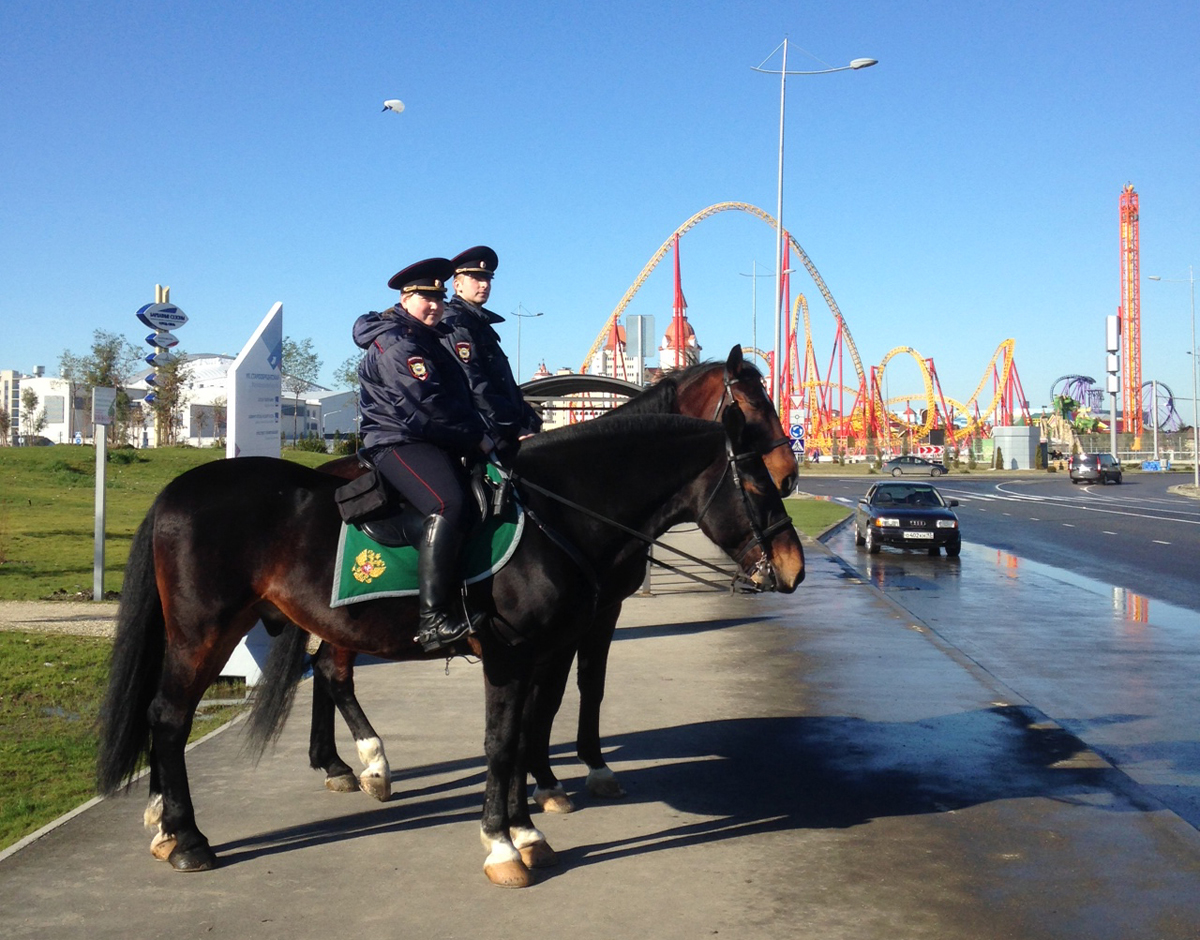 Russian officials have said the number of security personnel in Sochi could range between 40,000 and 70,000 people, but in the days leading up to the Winter Olympics the security force was understated. Above, two mounted police officers on loan from Moscow guarded a road near an unfinished amusement park.