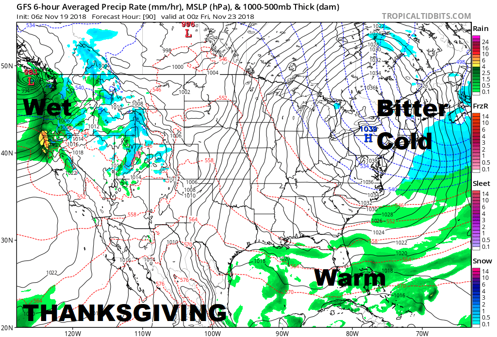 The coldest weather in the lower 48 will be in New England on Thanksgiving Day.
