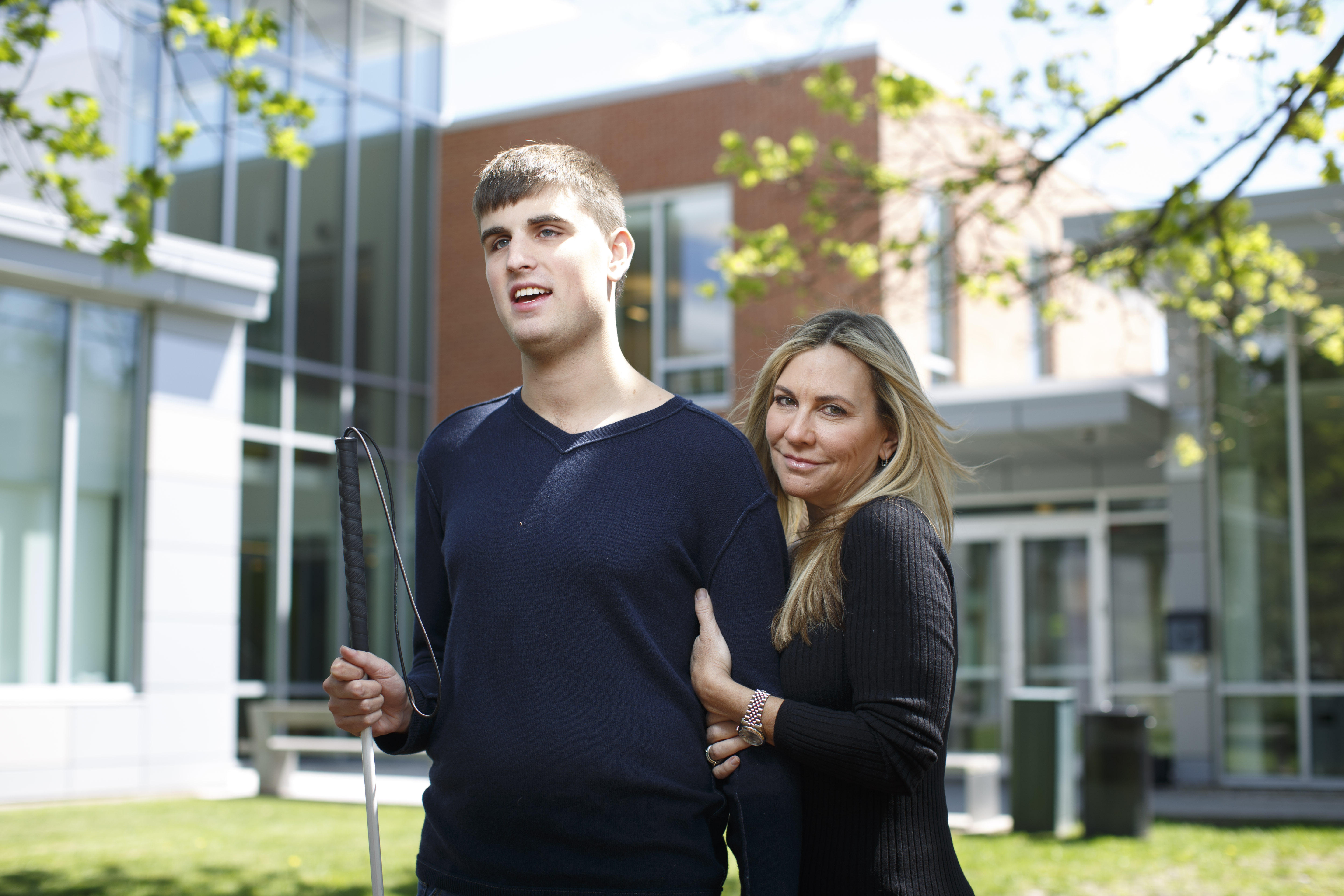 “In the time since Campbell was little,” says Corinne Grousbeck (above with her son on the Perkins School campus), “the Internet has exploded, and with that came adaptive technology, and that has really balanced the skill set.”
