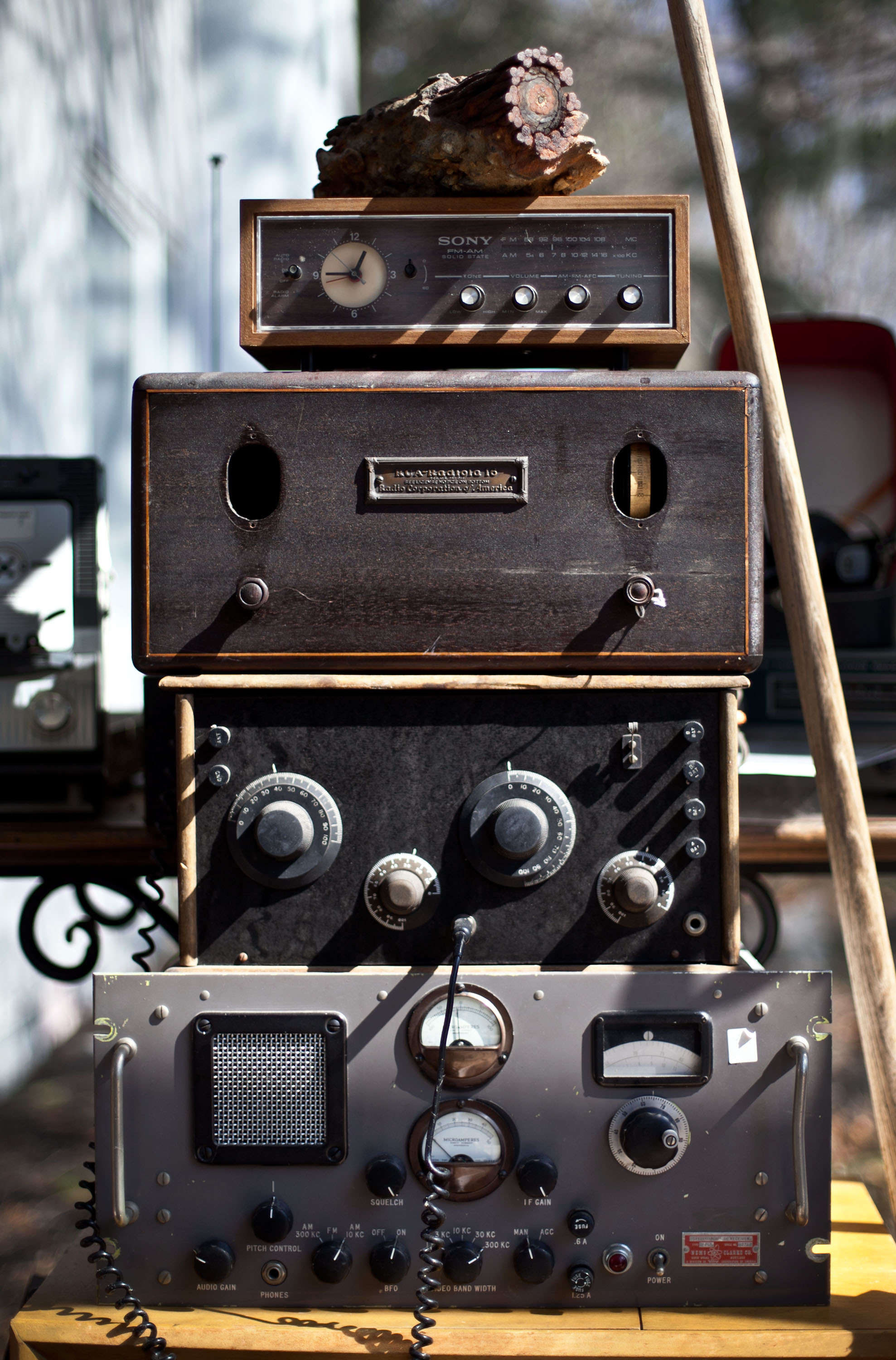 Old radios in the lobby of the WATD building in Marshfield.