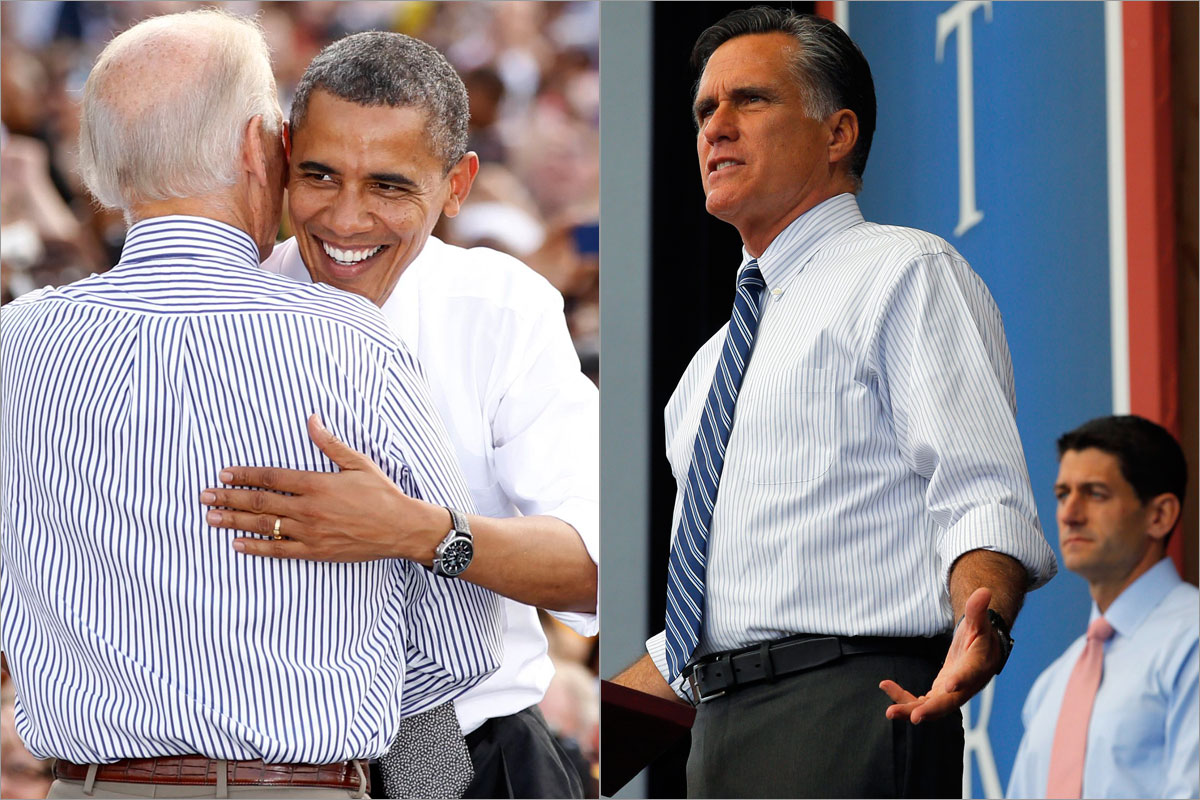 President Obama, shown with Vice President Joe Biden in Dayton, Ohio, called his rival a victim of “Romnesia” who forgets his earlier positions. Mitt Romney, joined by running mate Paul Ryan in Henderson, Nev., dismissed Obama as a man out of ideas and out of excuses.
