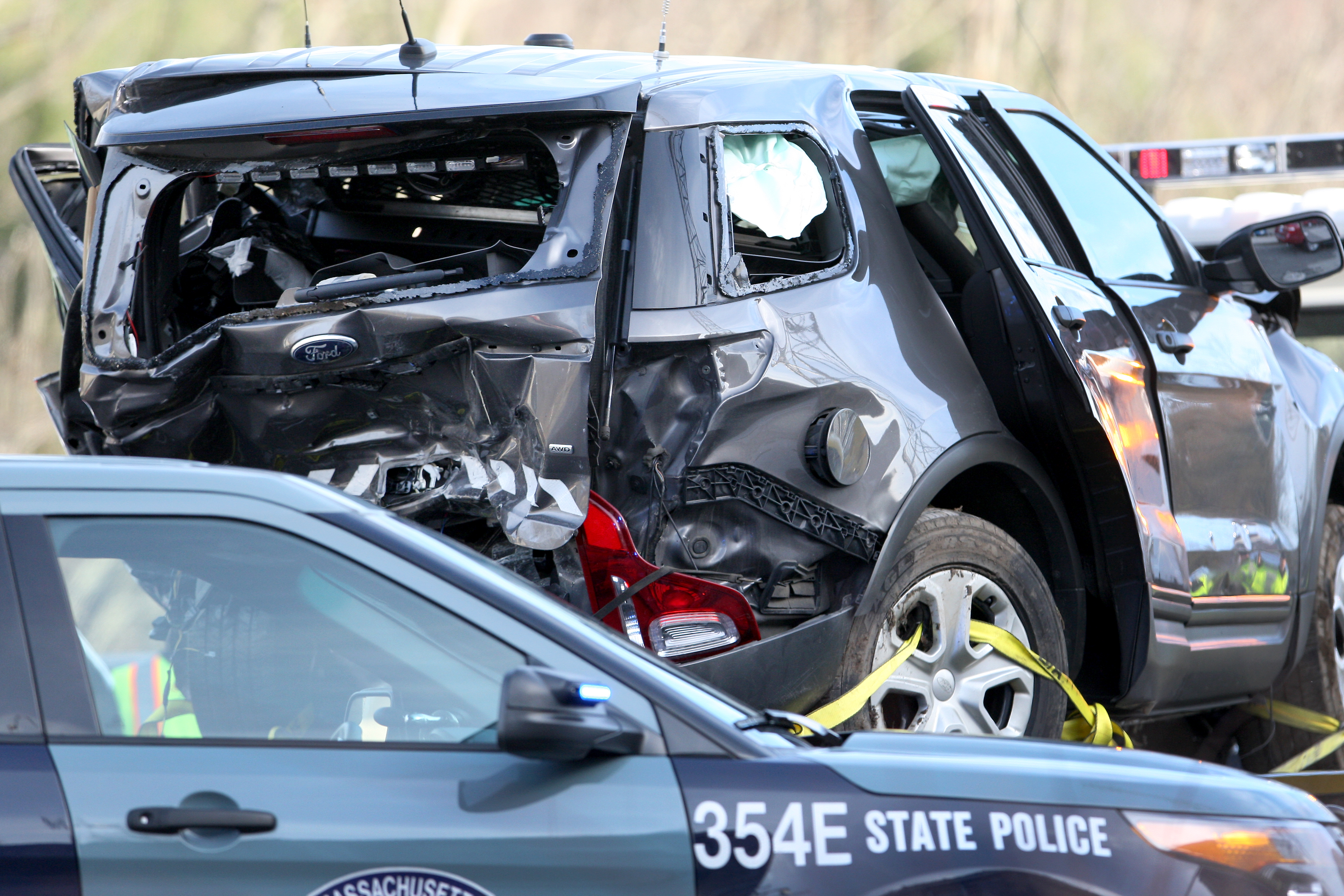 The cruiser of Trooper Thomas L. Clardy, who was killed in a crash on the Mass. Pike on Wednesday.