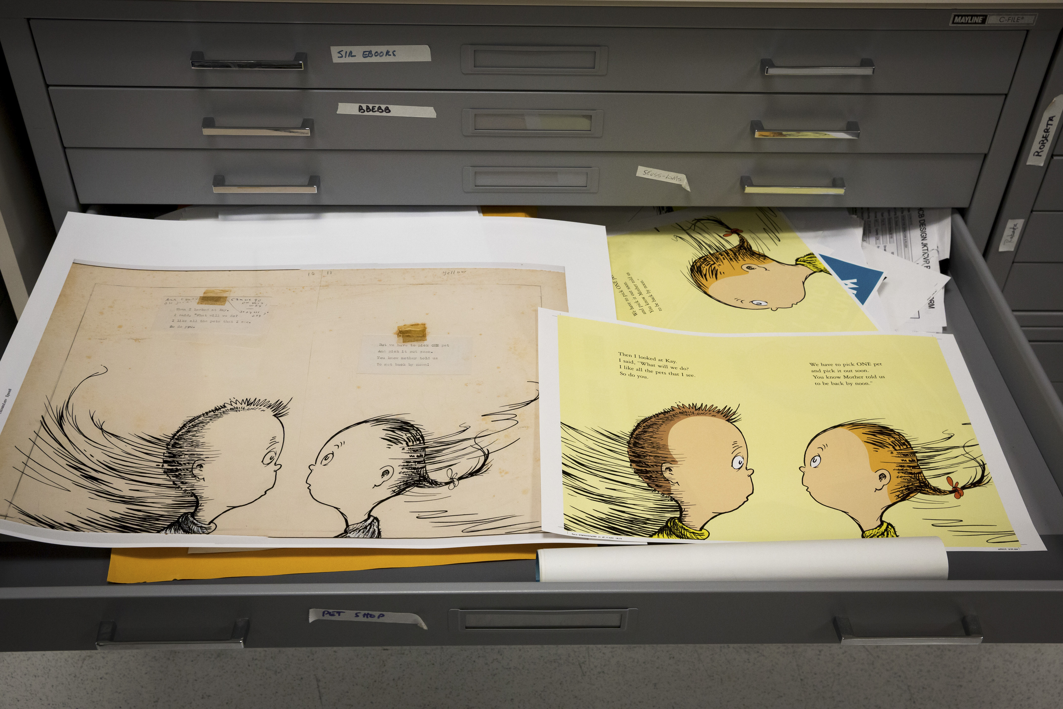 A copy of the original art work found in Dr. Seuss’s home with a color proof of it.