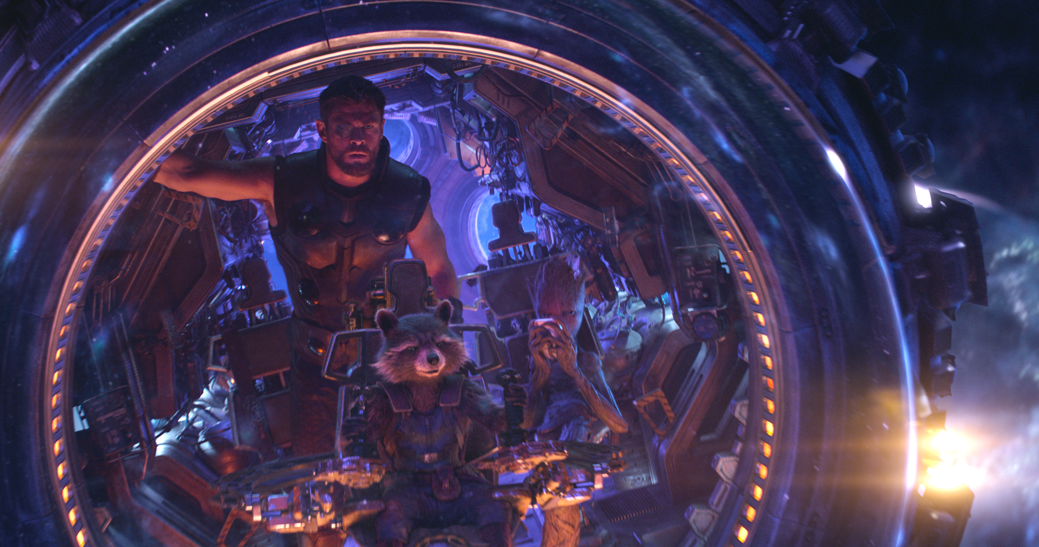 From left to right: Thor (Chris Hemsworth), Rocket (voiced by Bradley Cooper), and Groot (voiced by Vin Diesel) in "Avengers: Infinity War."