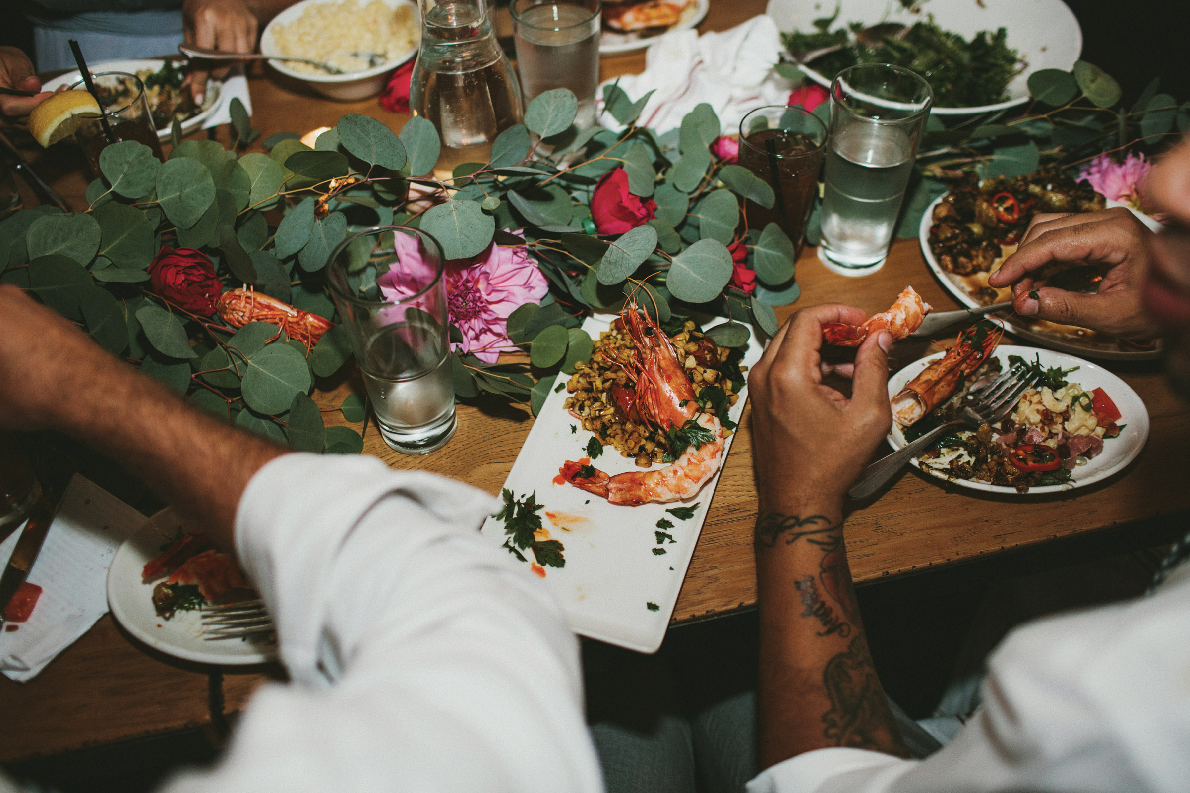 Appetizers included prawns with roasted corn relish.