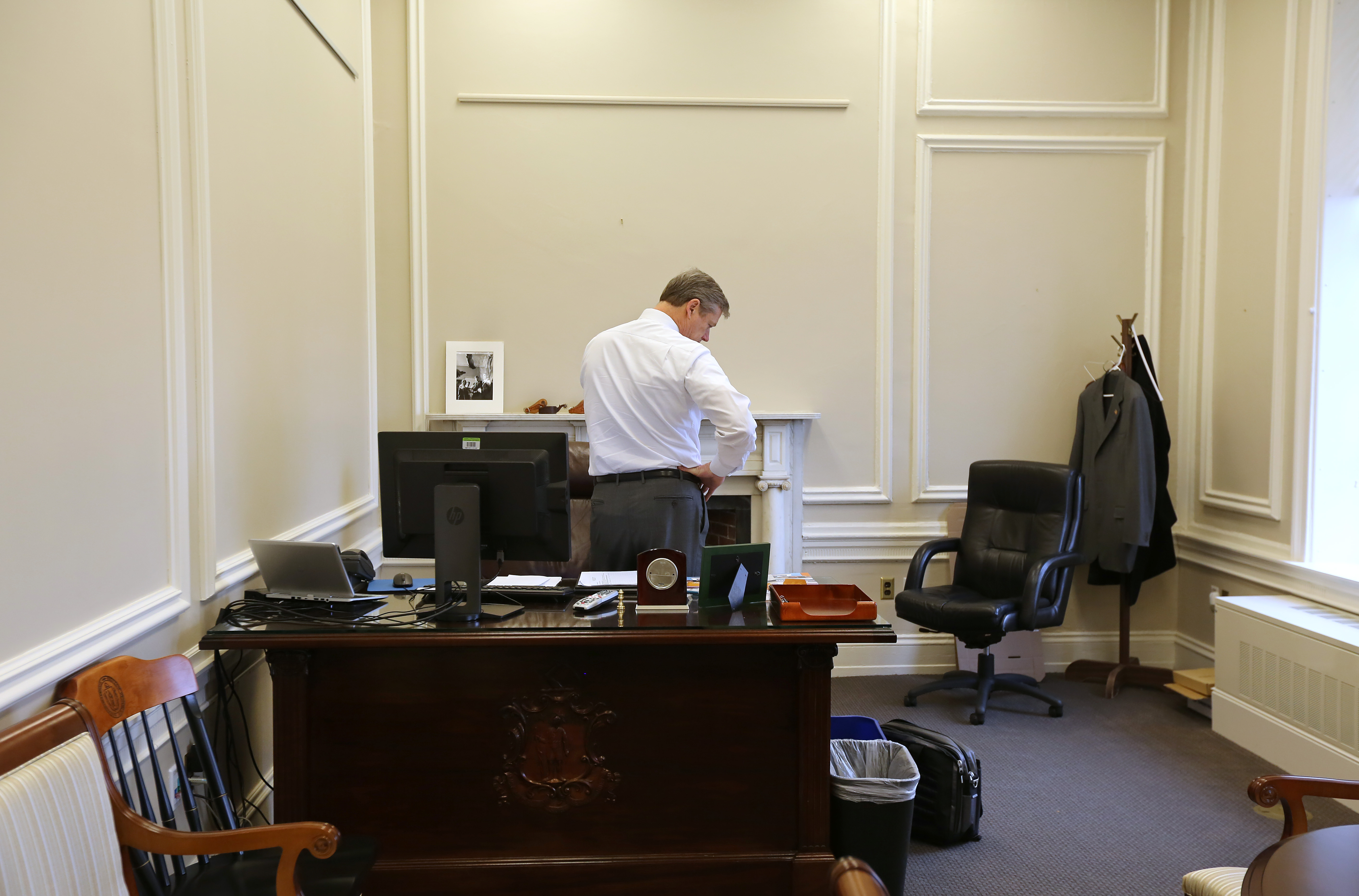 Baker set up camp in the modest office that once belonged to Deval Patrick’s chief of staff.
