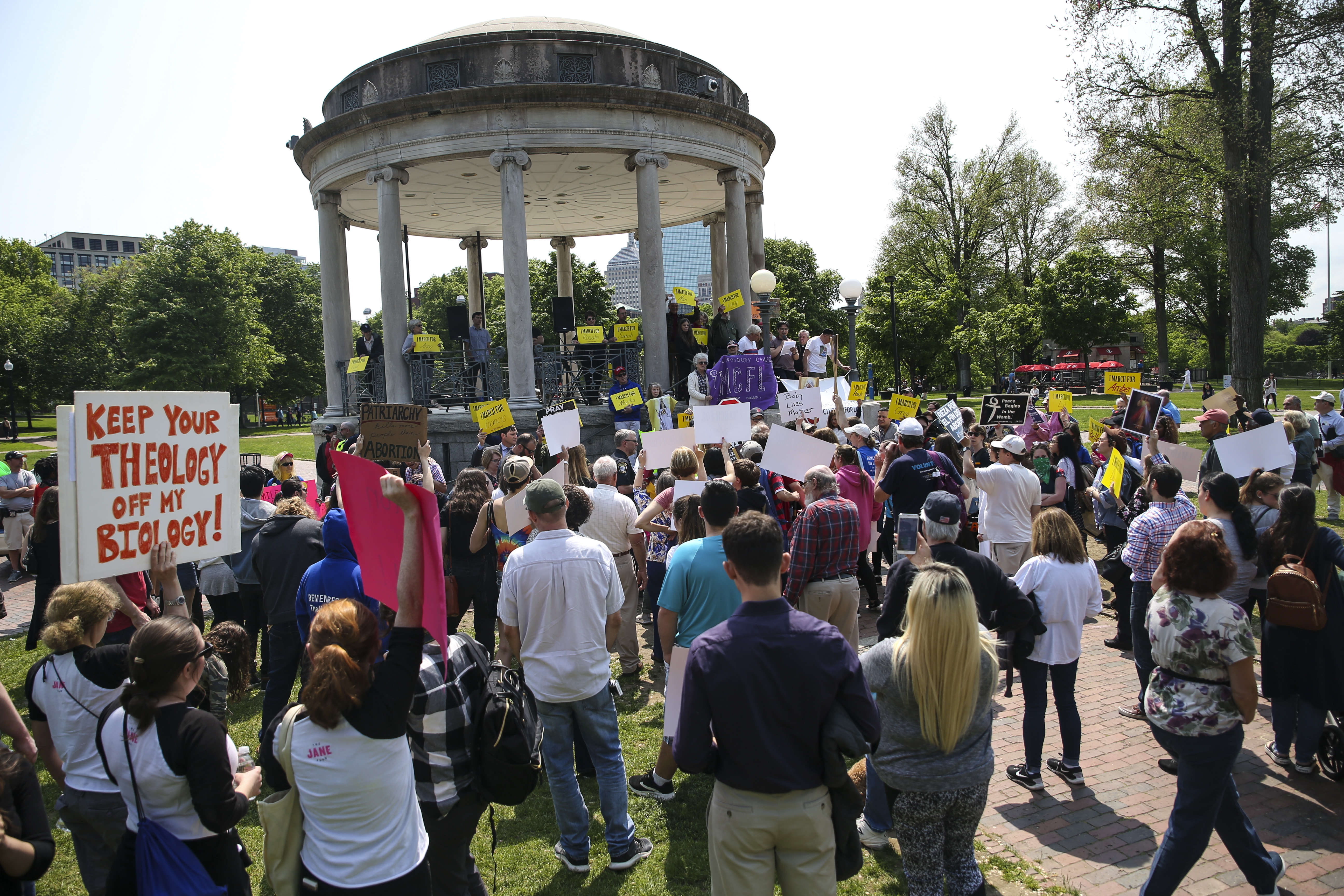 A large crowd of protestors and antiabortion supporters gathered near the Parkman Bandstand on Boston Common.