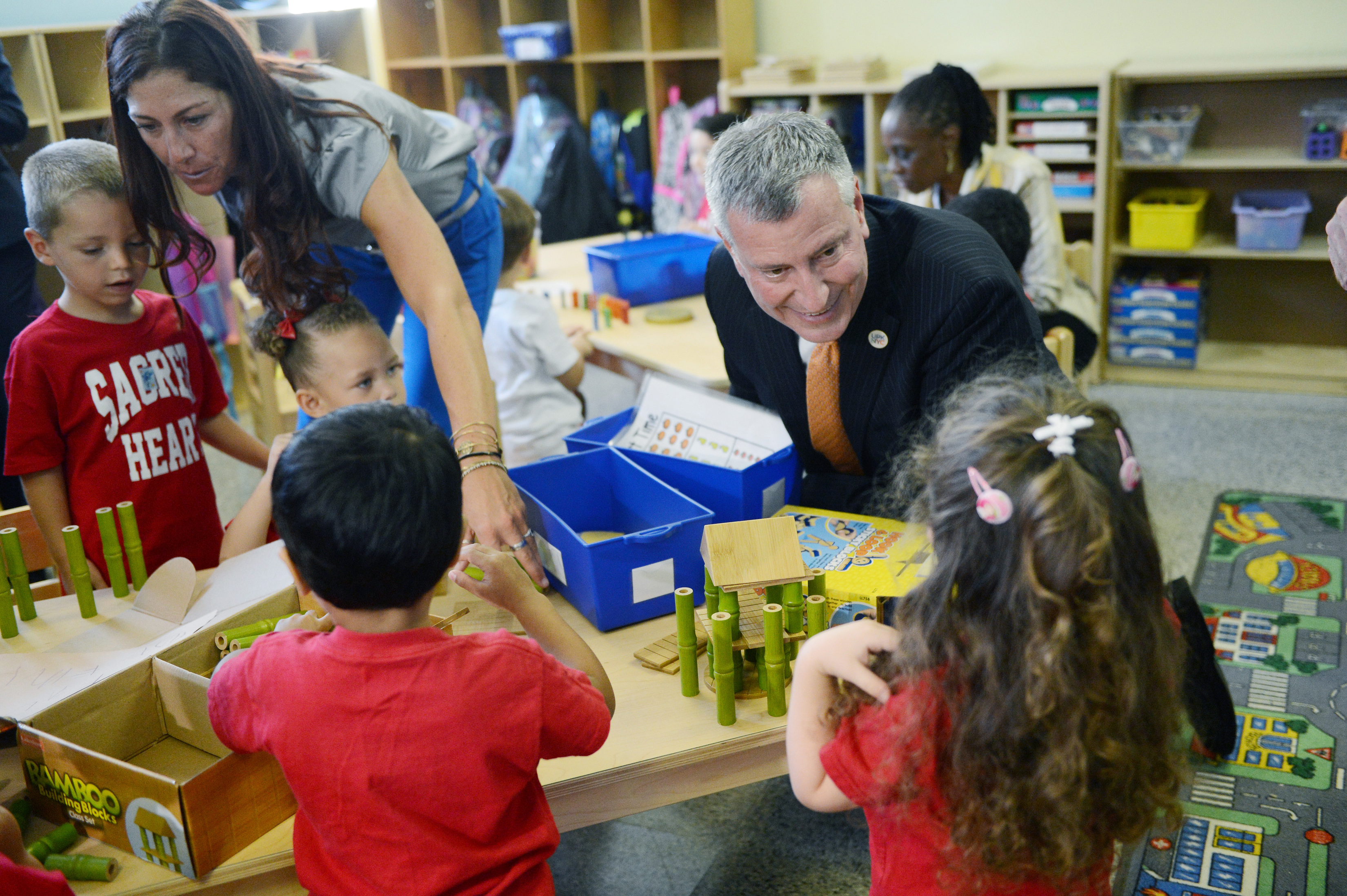 Mayor Bill de Blasio, visiting a class on Staten Island, N.Y., added 50,000 children to the pre-kindergarten program.