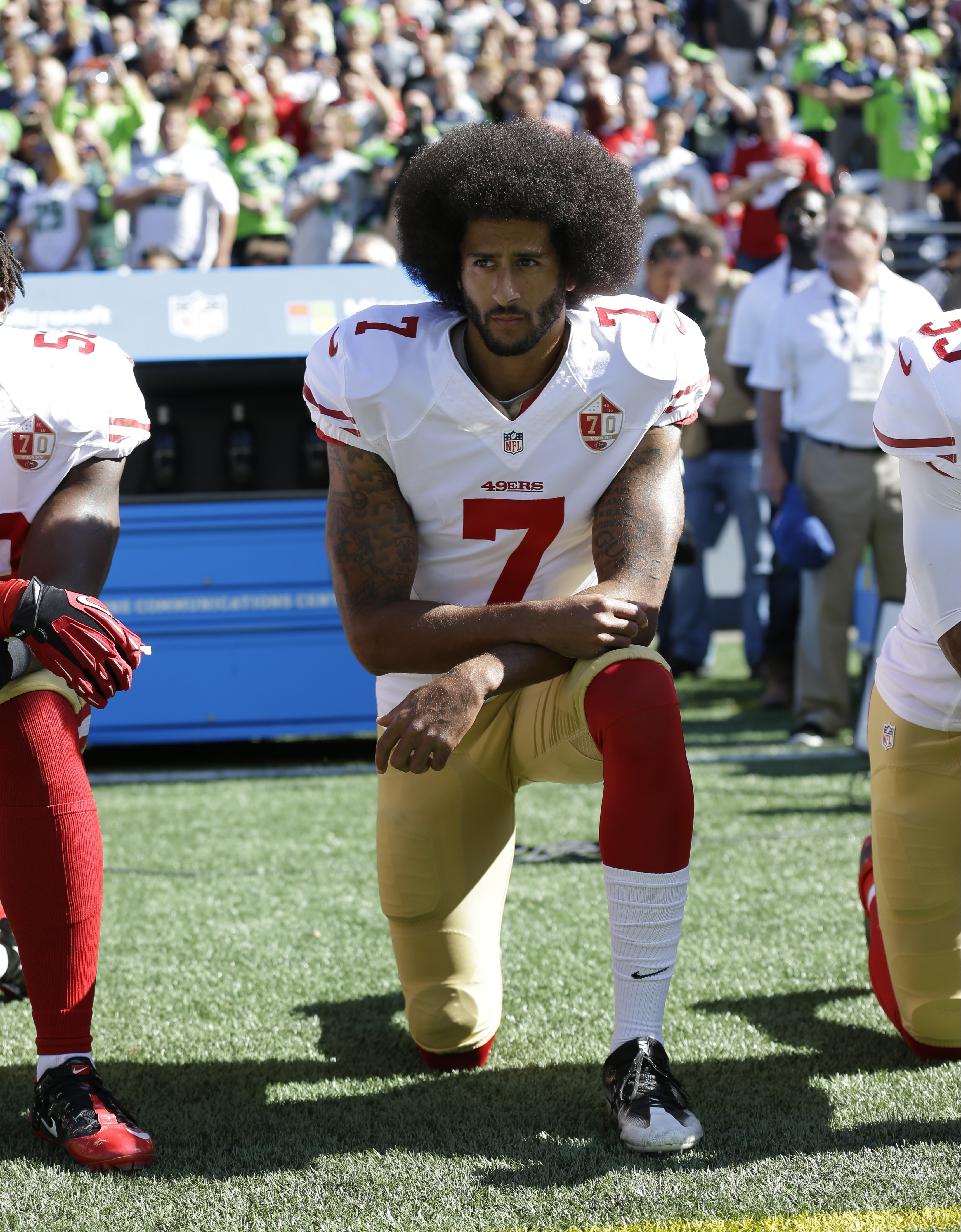 Colin Kaepernick, then of the San Francisco 49ers, knelt during the playing of the national anthem before an NFL game in Seattle in September 2016.