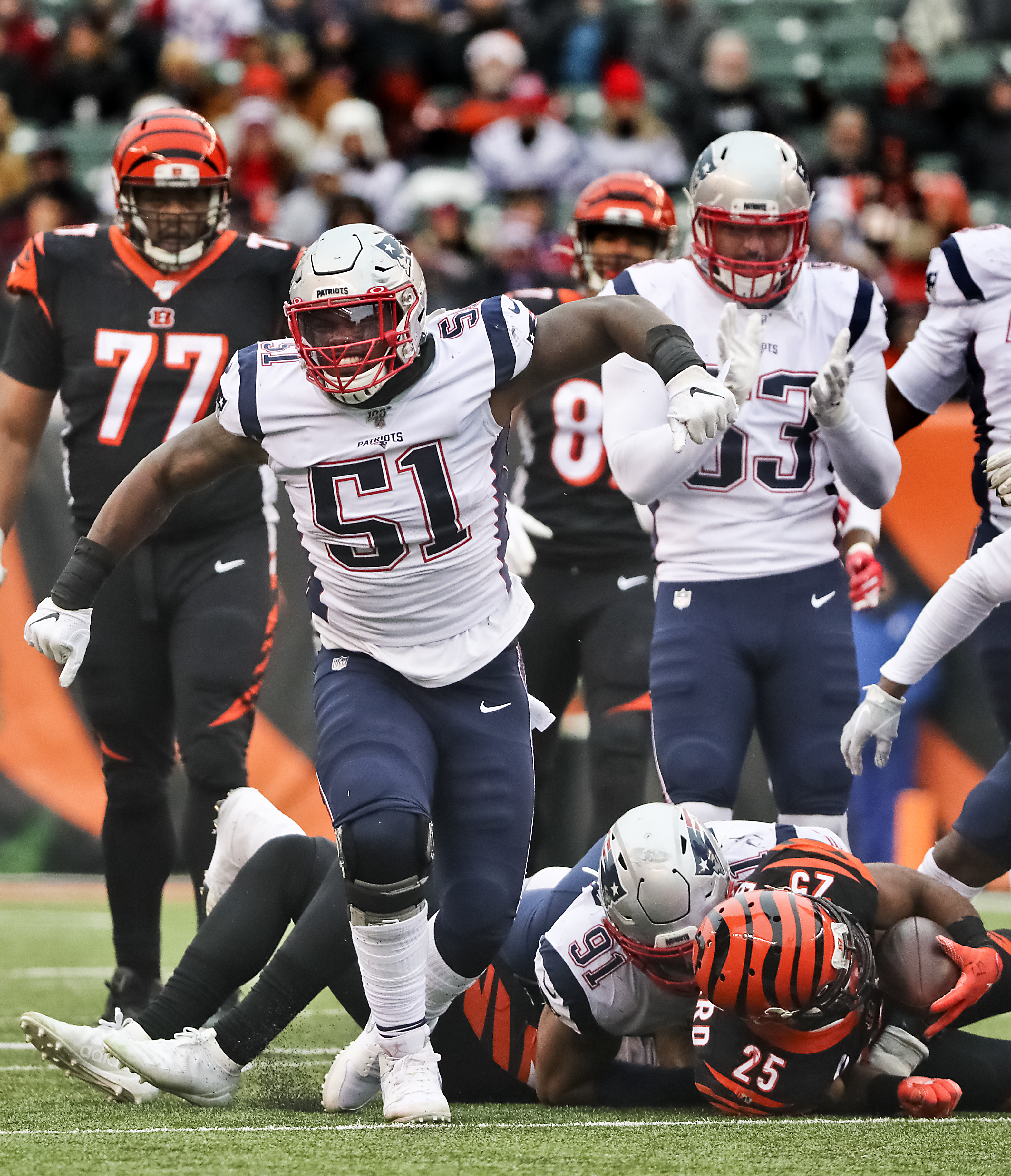 Ja'Whaun Bentley was pumped after stopping the Bengals’ Giovani Bernard for a 2-yard loss.