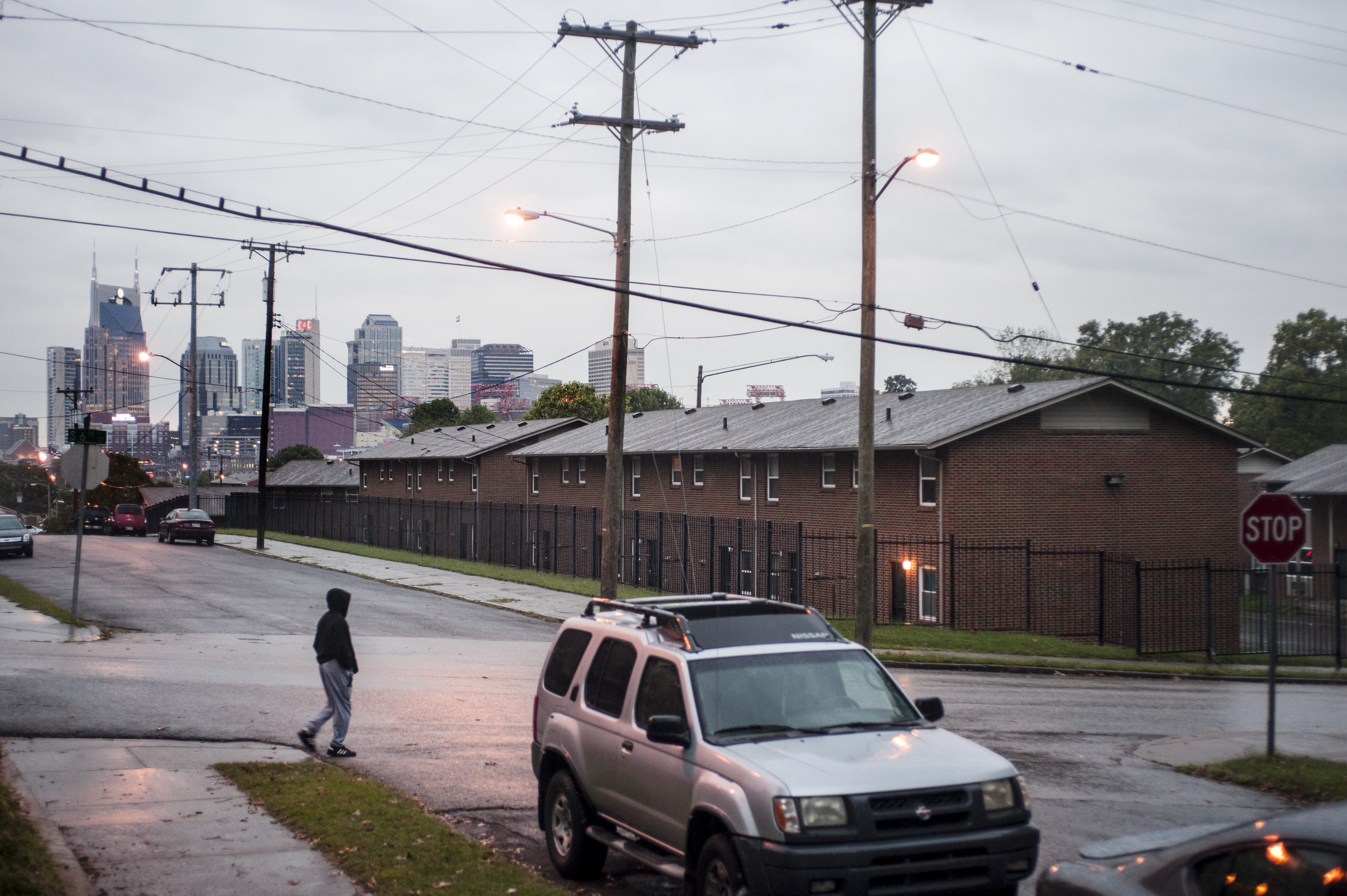The downtown’s skyline can be seen from a housing complex in East Nashville.