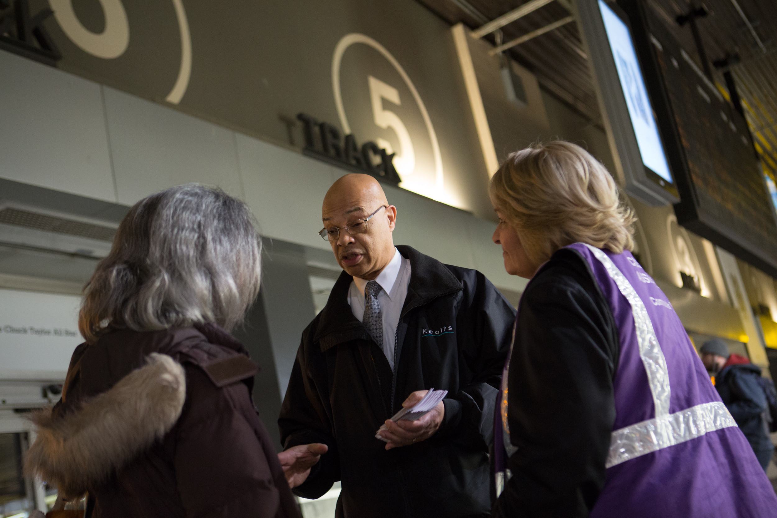 Keolis Commuter Services General Manager Gerald C. Francis spoke with a commuter at North Station in March 2015.