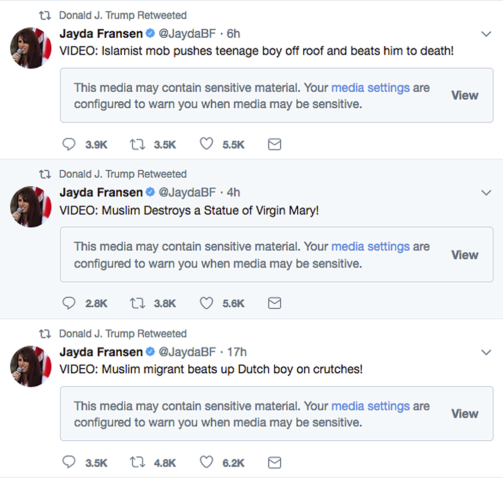 A screenshot from President Donald Trump's Twitter account shows three retweets that he posted on Wednesday.