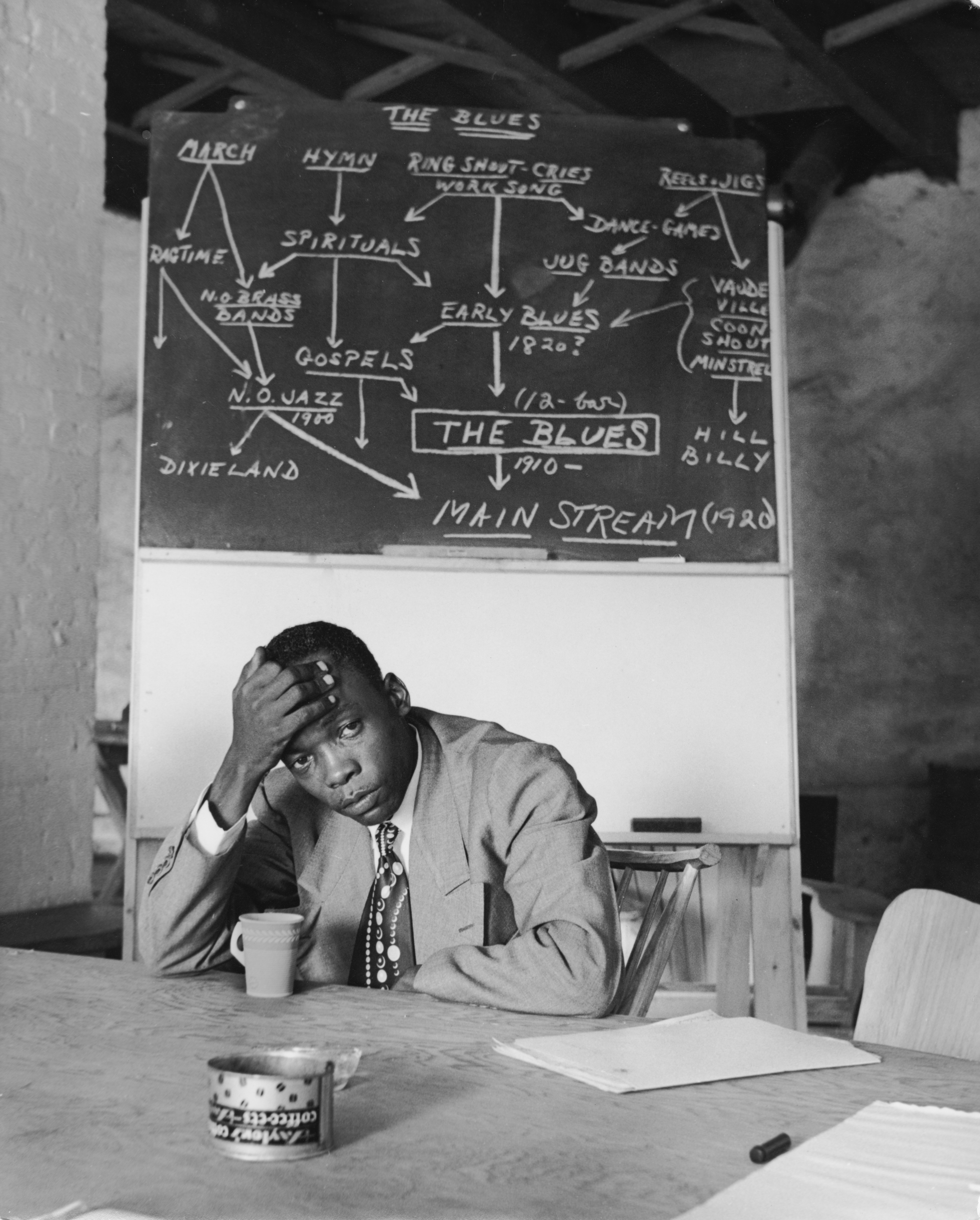 A portrait of John Lee Hooker at the Music Inn's Lenox School of Jazz in 1951.