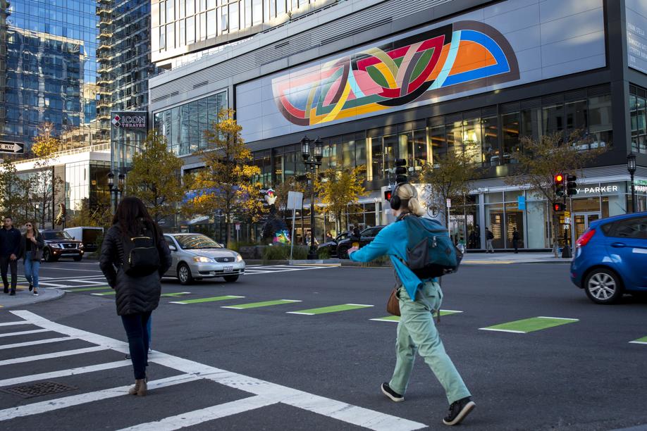 A view of Frank Stella's mural reproduction of "Damascus Gate (Stretch Variation I)" in Boston. (Nic Antaya/The Boston Globe)