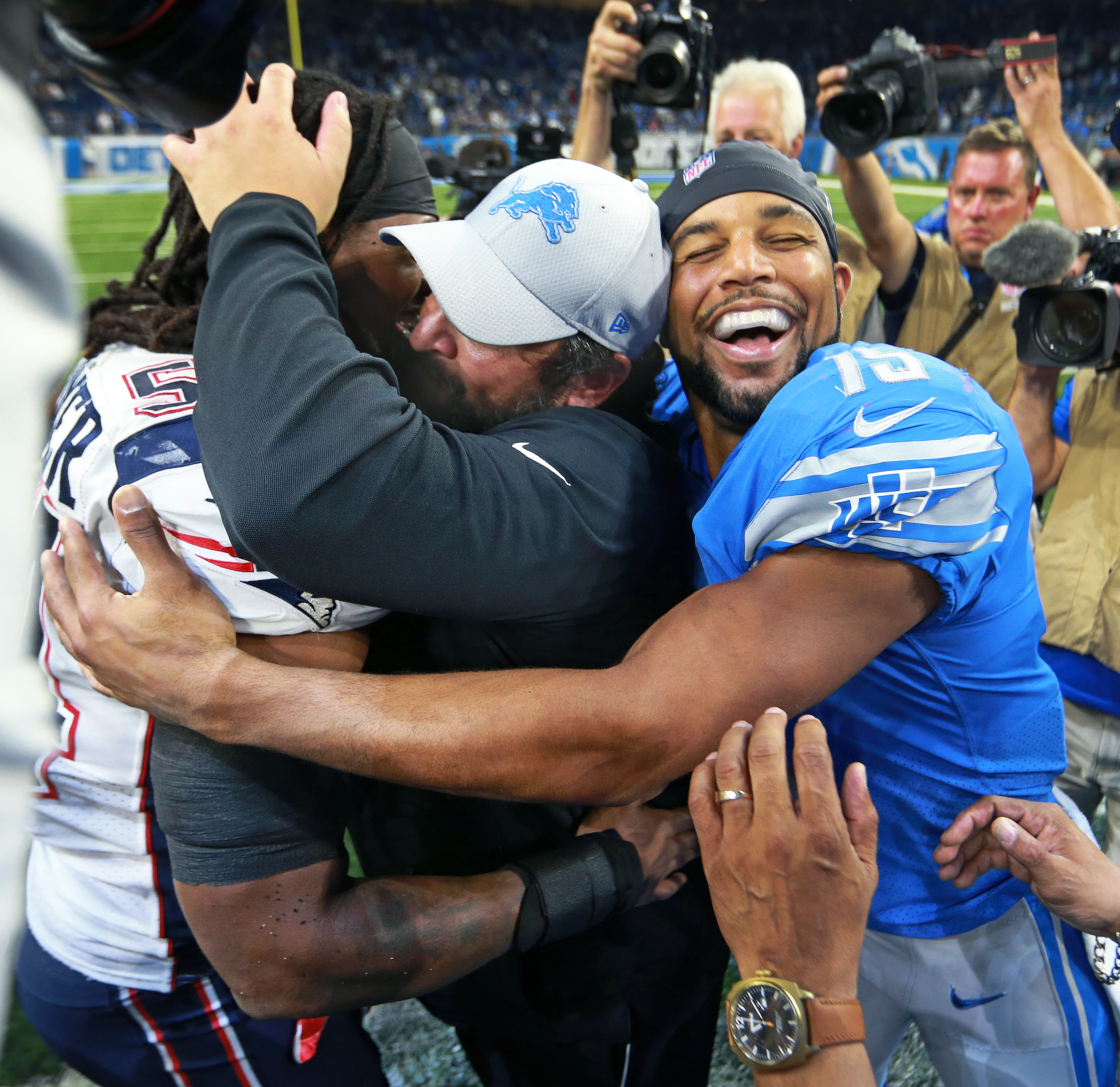 Golden Tate (right) was part of a Lions’ team that upset New England last season. He’s seen here hugging Detroit head coach -- and former Patriots’ defensive coordinator -- Matt Patricia after that game.