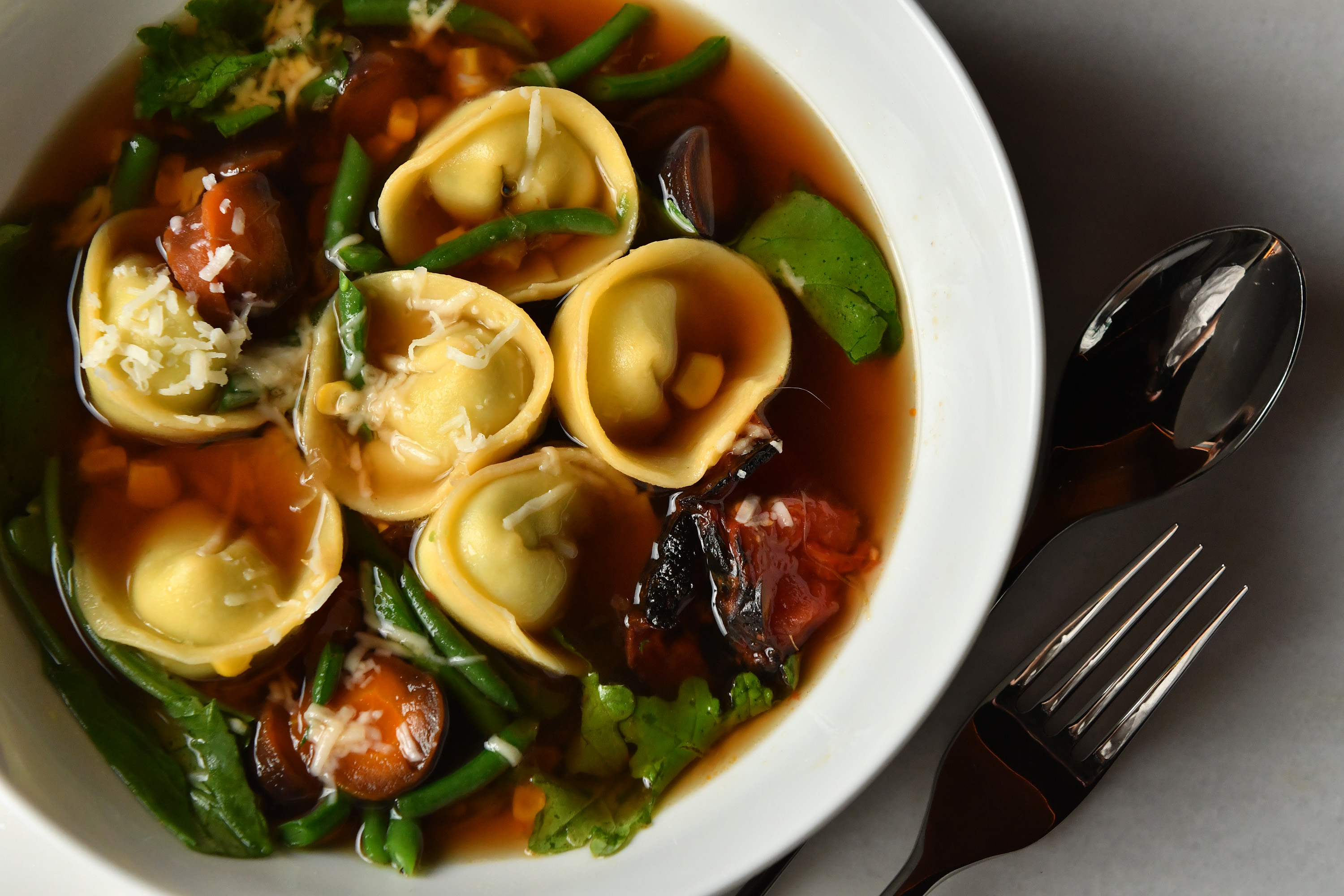 Tortellini Brodo d'Estate, with lemon ricotta, English Peas, in capon consomm, at Fat Hen on Broadway in East Somerville. Josh Reynolds for The Boston Globe (Names,first)