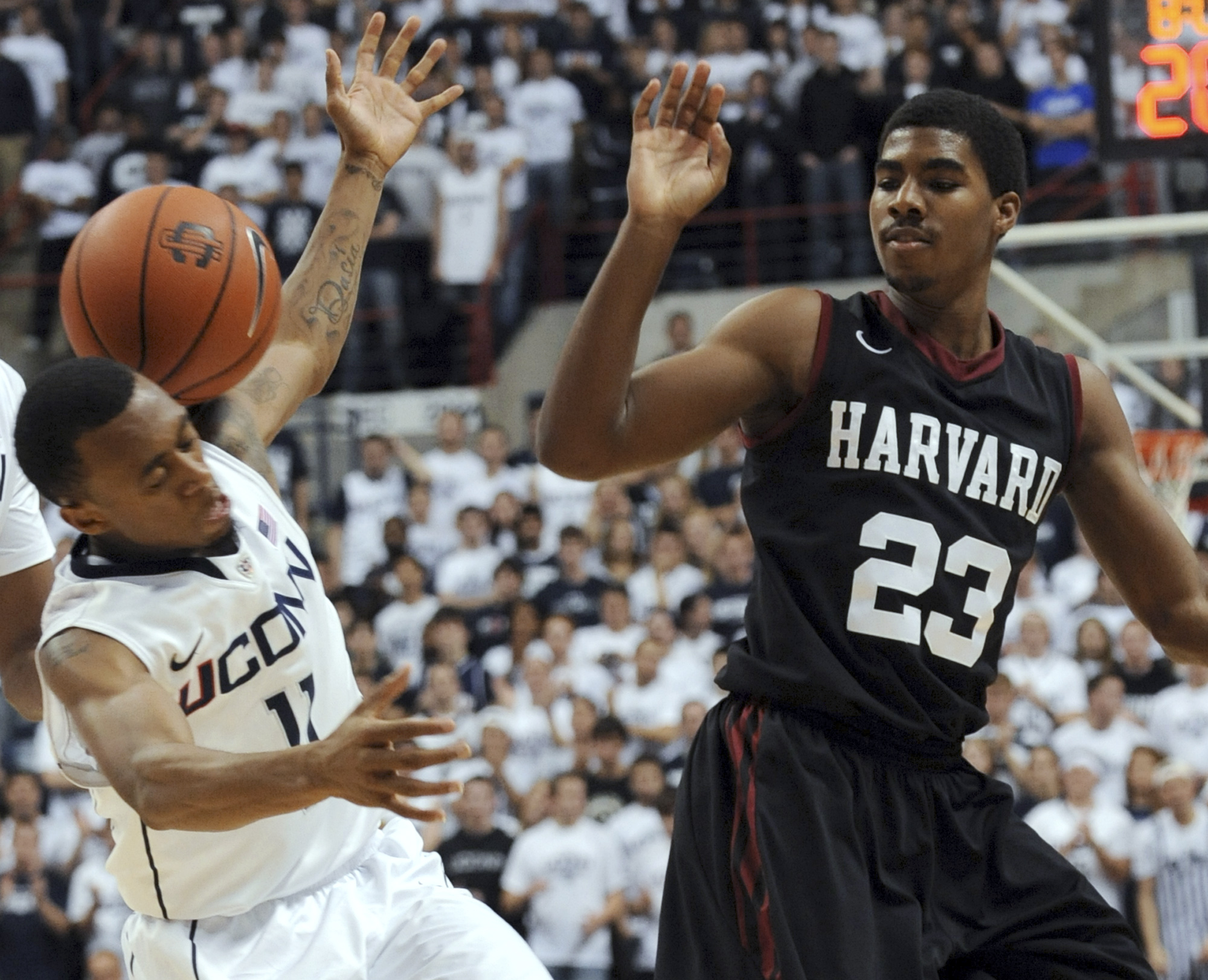 Connecticut's Ryan Boatright and Harvard's Wesley Saunders scrambled for a loose ball last night.