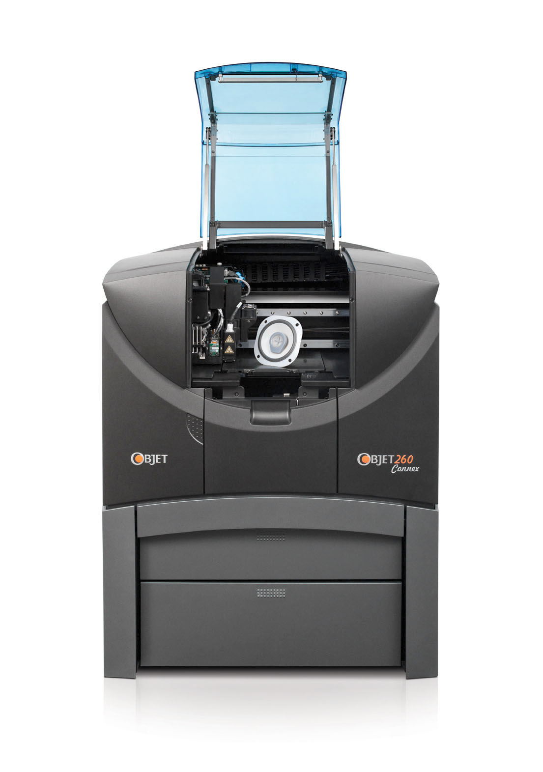 The Objet 3-D printer can produce a single object containing both hard and soft materials.