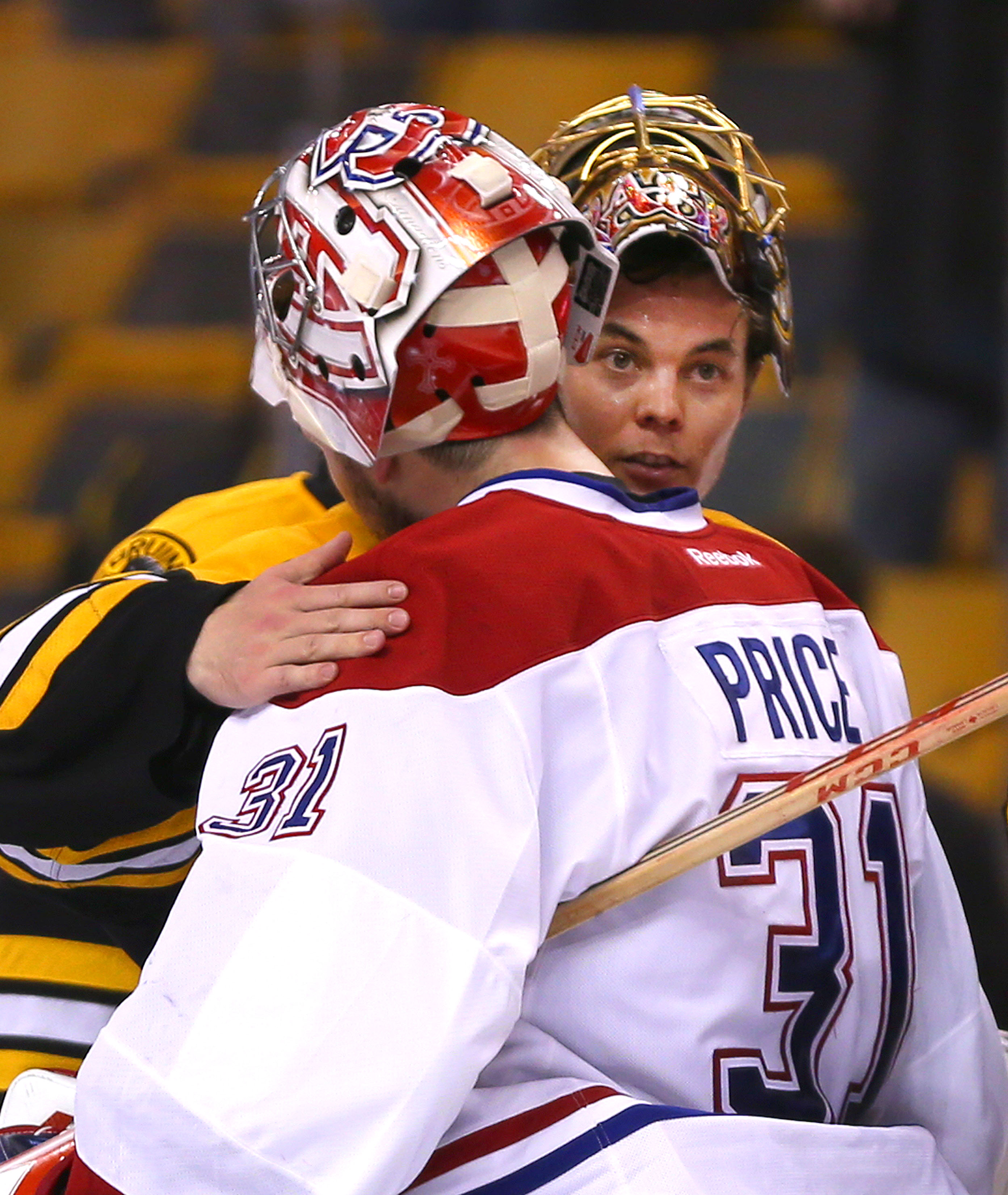 The series over, Bruins goalie Tuukka Rask has a pat on the shoulder for his Canadiens counterpart, Carey Price, who allowed only one goal over the final two games.