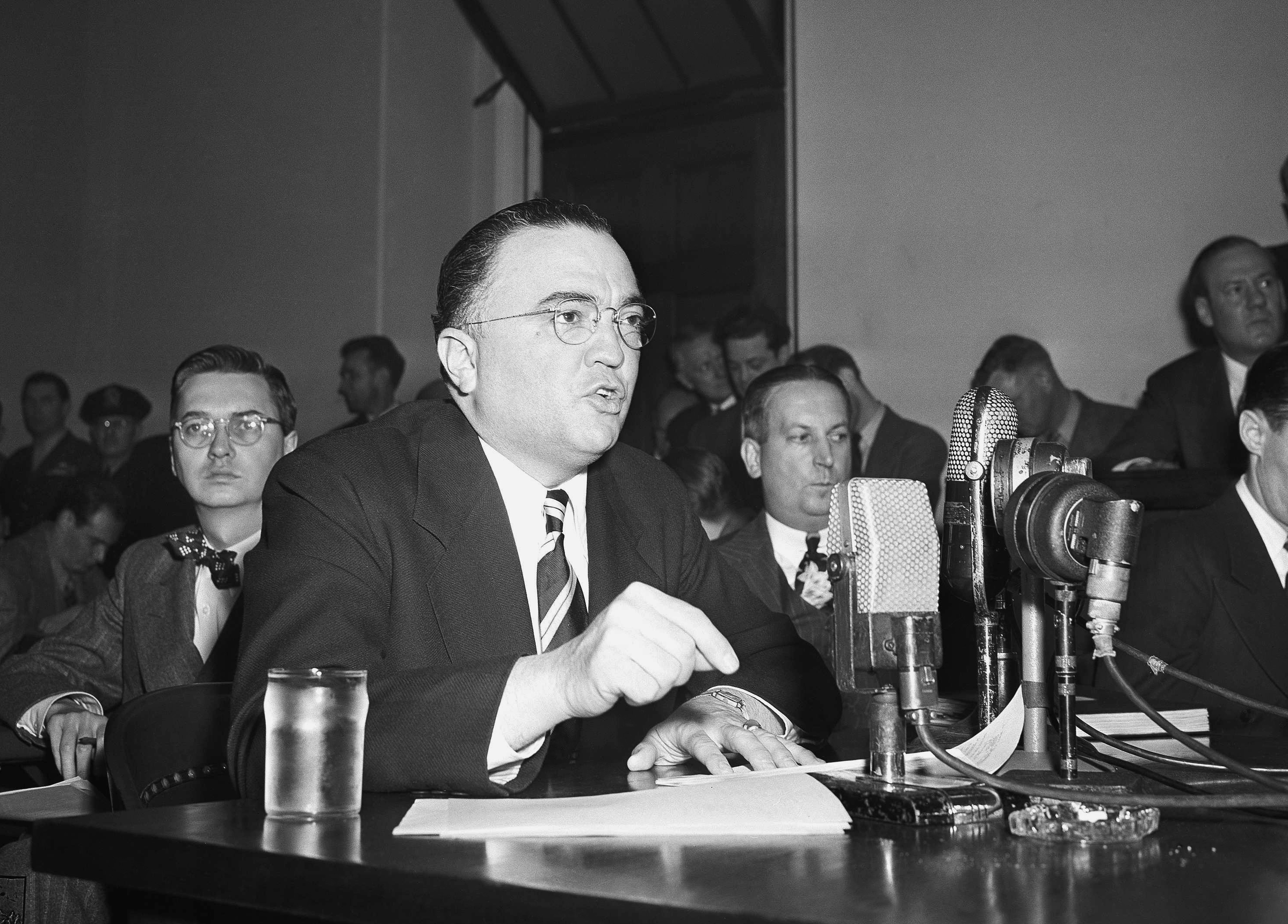 FBI Director J. Edgar Hoover calls the US Communist Party a “Fifth Column” whose “goal is the overthrow of our government” during testimony in March 1947 before the House Un-American Activities Committee in Washington.