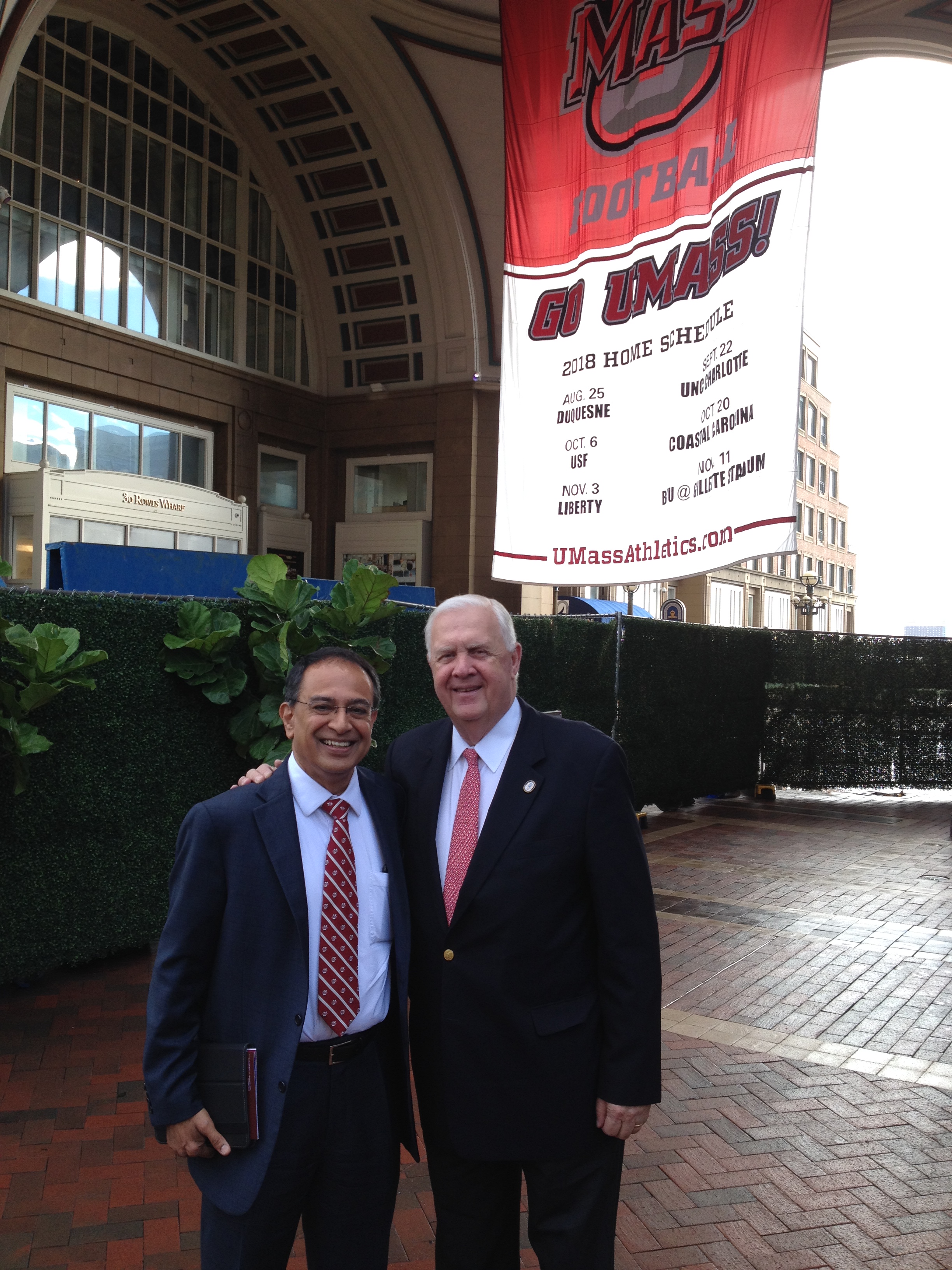 UMass alum and hotel executive Rick Kelleher had the UMass Amherst football banner hung outside the Boston Harbor Hotel recently to welcome Kumble Subbaswamy for a breakfast meeting.
