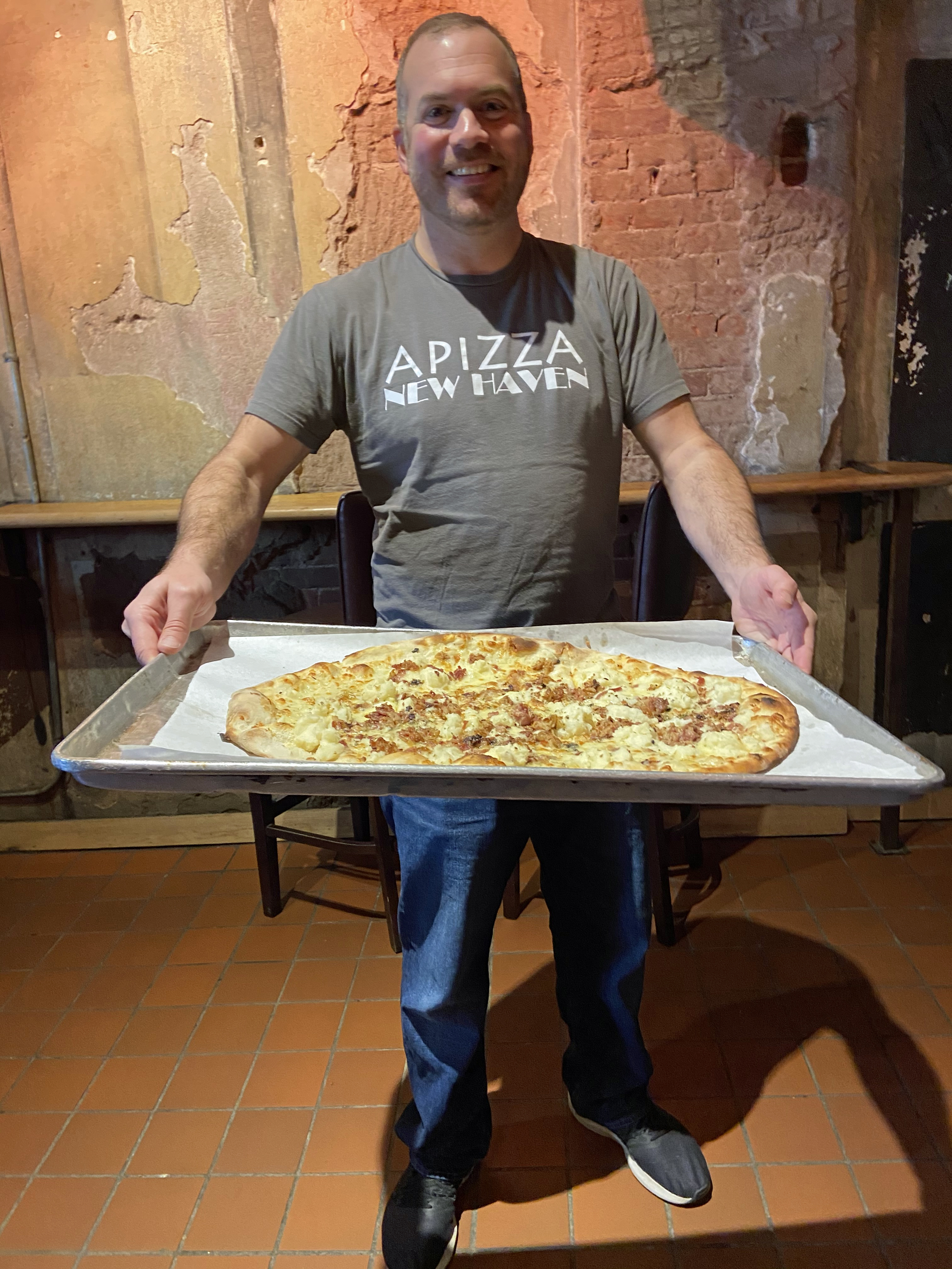 Taste of New Haven founder/guide Colin Caplan presents Bar’s signature pie, a triumph of mashed potatoes, garlic, mozzarella, and crumbled bacon. Tastes like a super-crispy loaded potato skin.