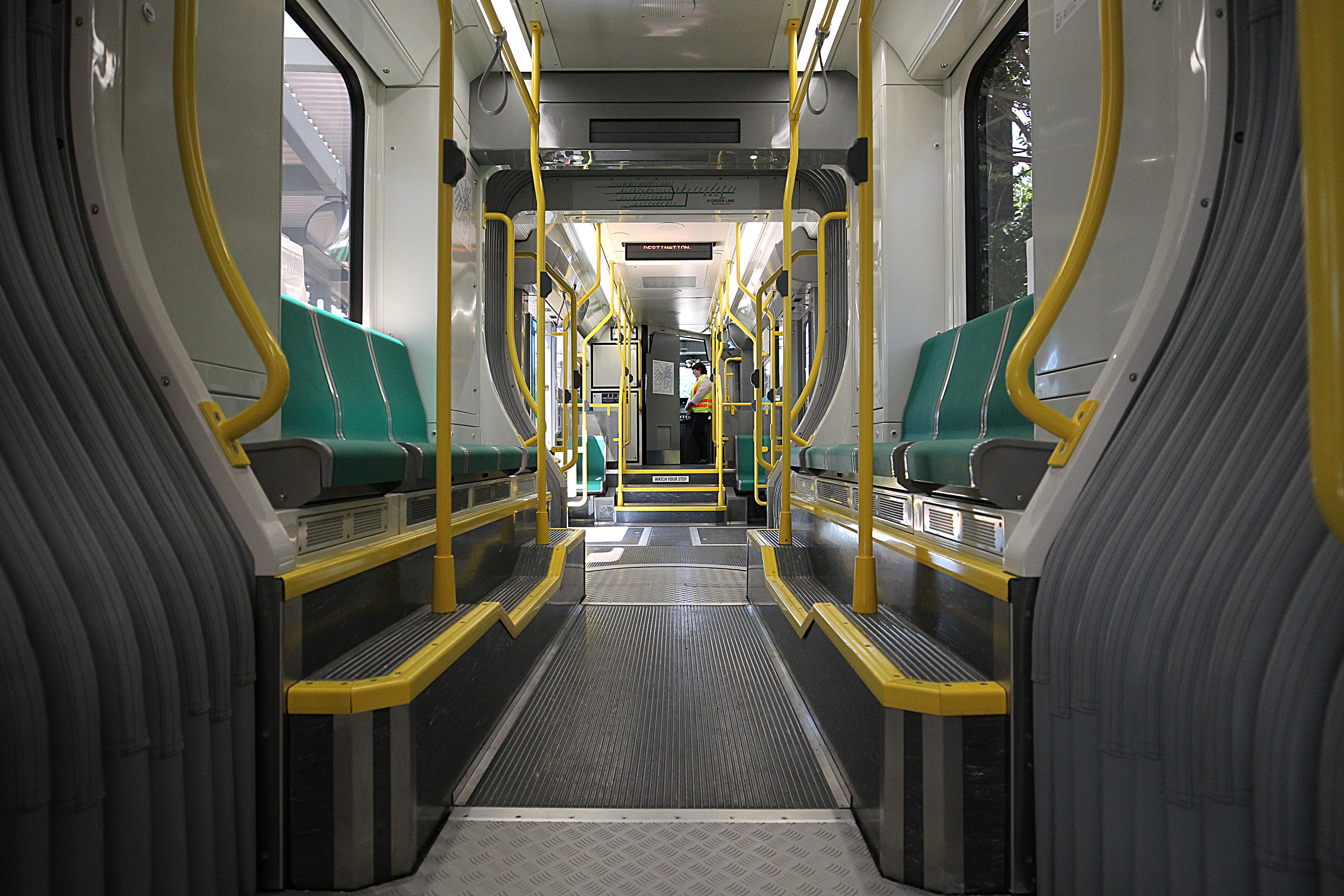 The interior of one of the new Green Line trolleys.