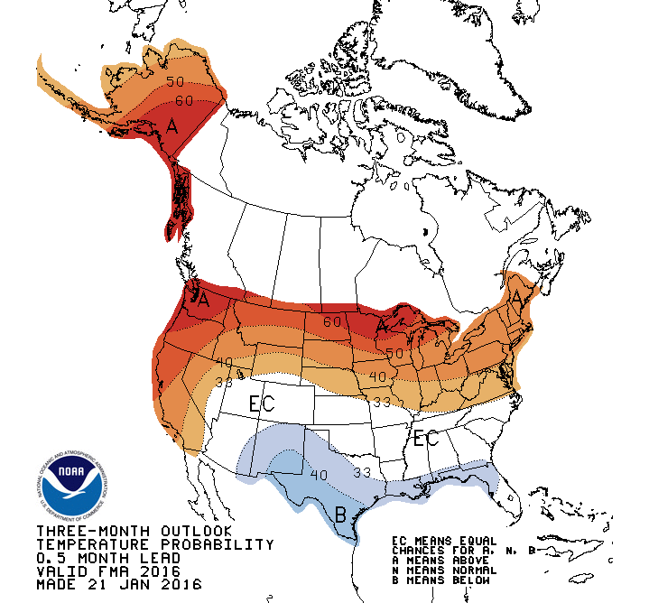 The above map shows temperature pattern expectations for February, March, and April. Red and orange colors signal the expectation for above-normal temperatures. Blue signals the opposite.