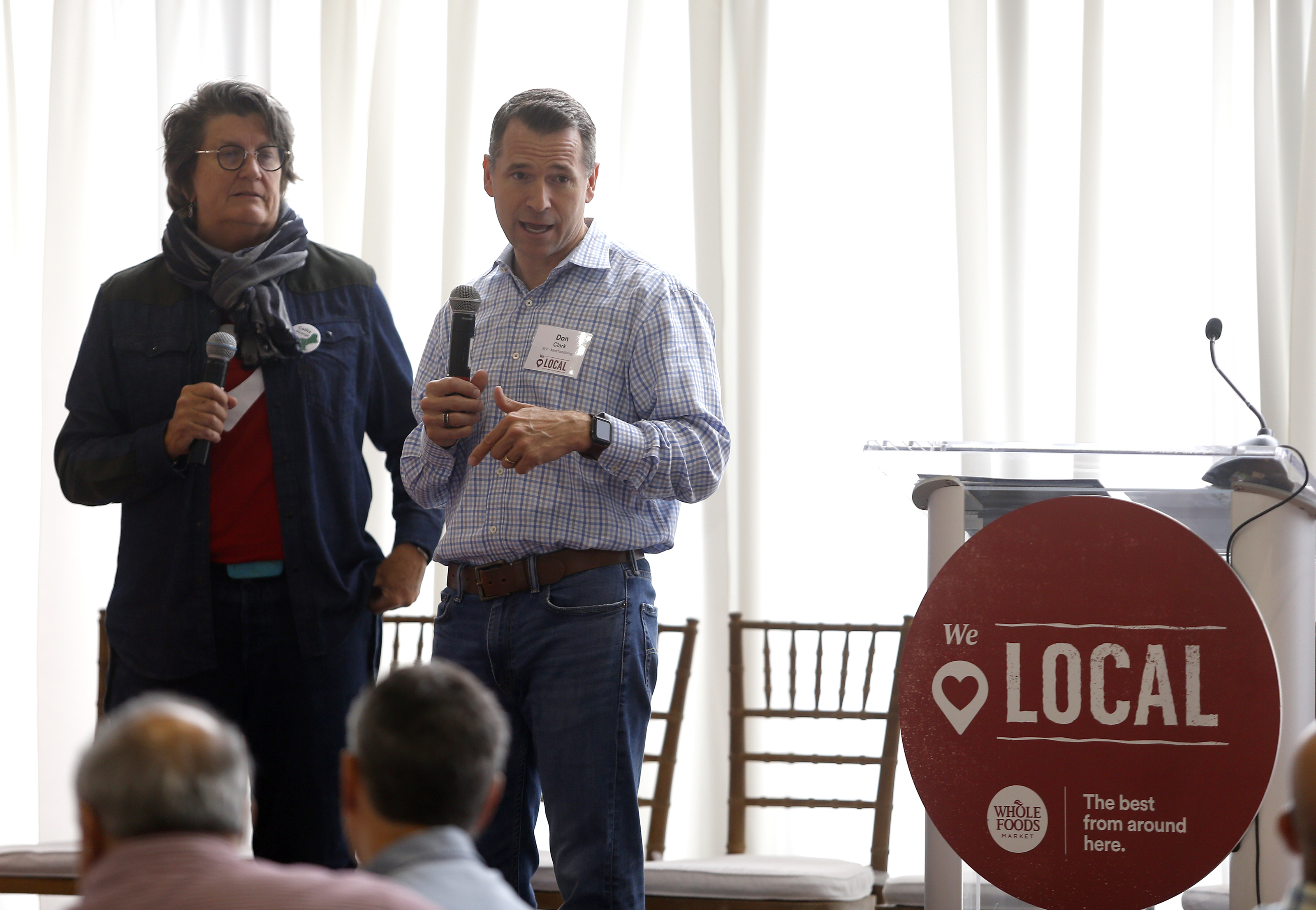 Cathy Strange (left), global cheese and specialty foods buyer for Whole Foods, and Don Clark, the chain’s global vice president of purchasing for non-perishables, spoke to local producers.