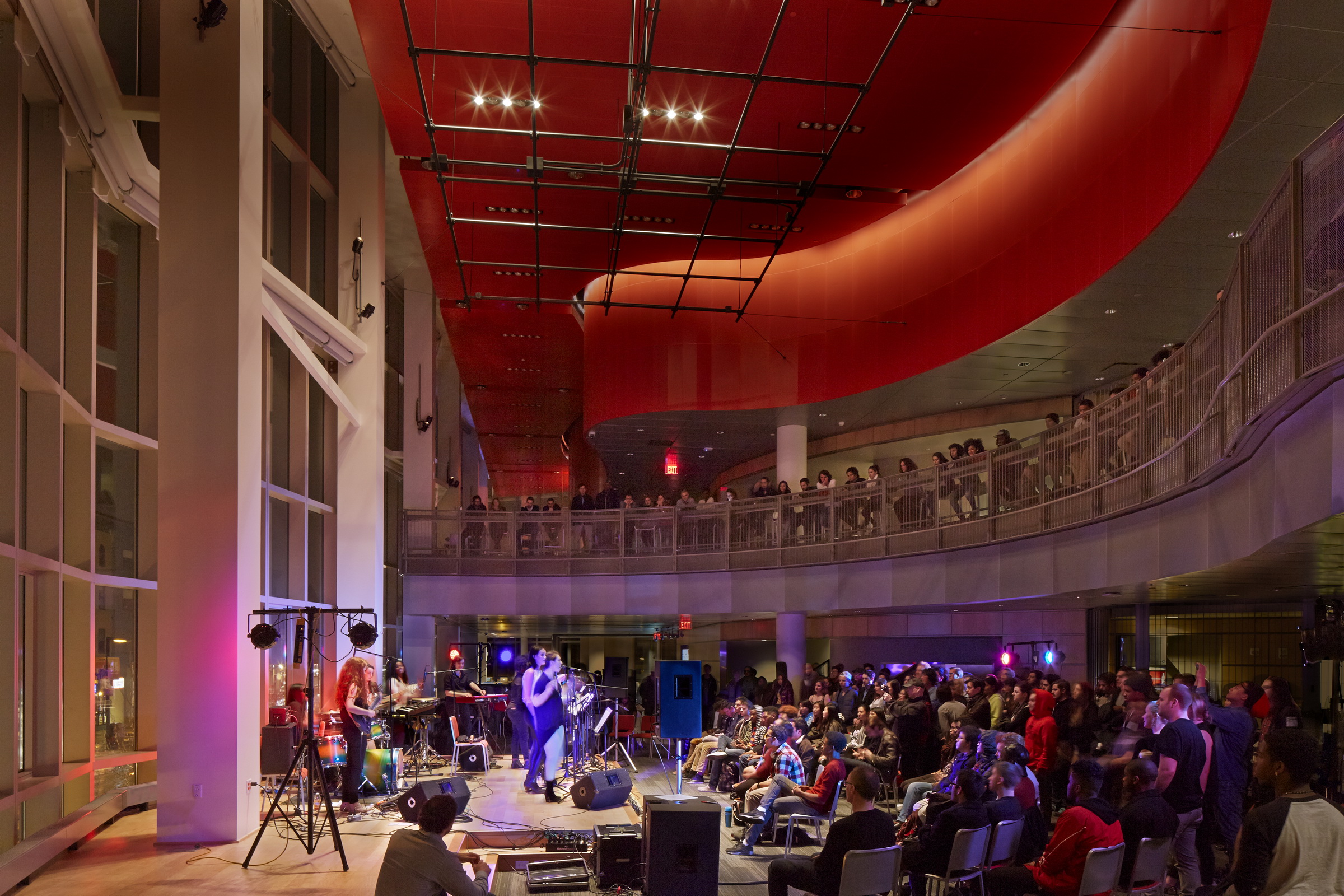 An interior space known as the Caf, which is both a cafeteria and a performance hall.