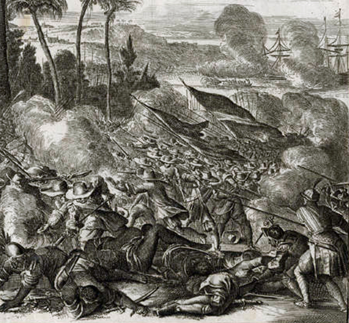 The Dutch East India Company and the Portuguese are depicted in a battle in 1661 on the Malabar Coast with a group called the “Nairos.”