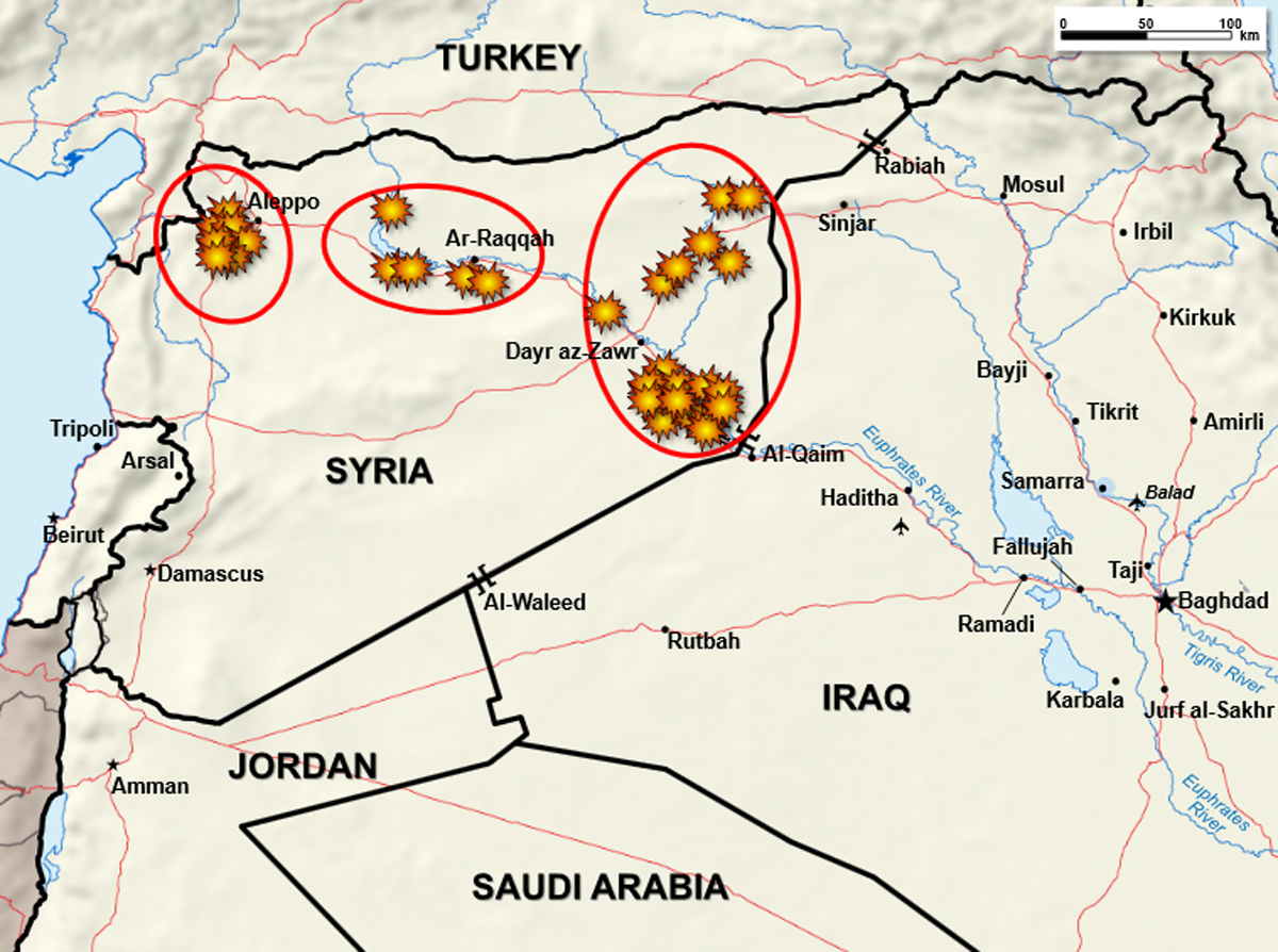 A map of the airstrikes against ISIS in Syria.