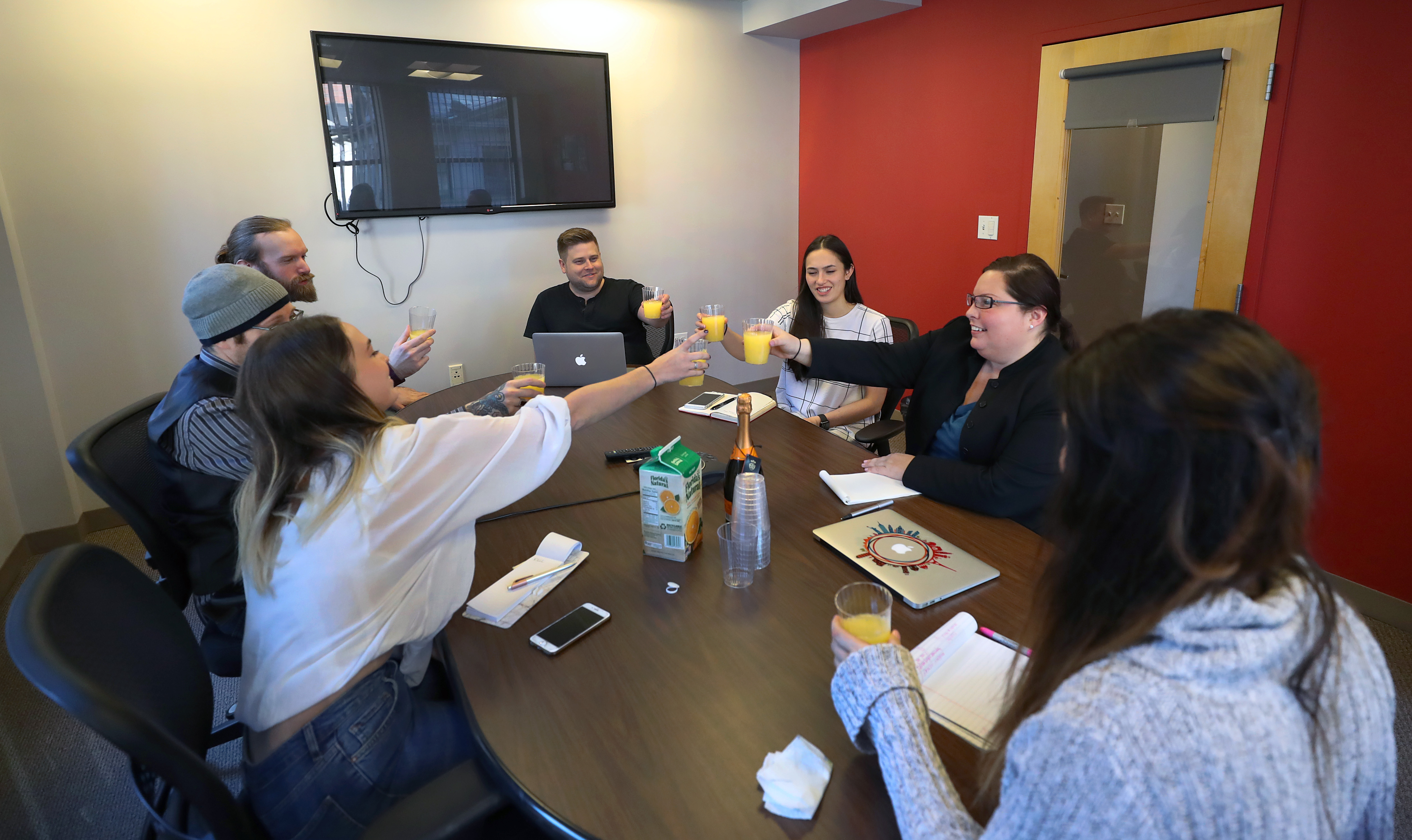 Employees at Pandemic Labs celebrated their first week on the job of Heidi Sheppard, an account lead.