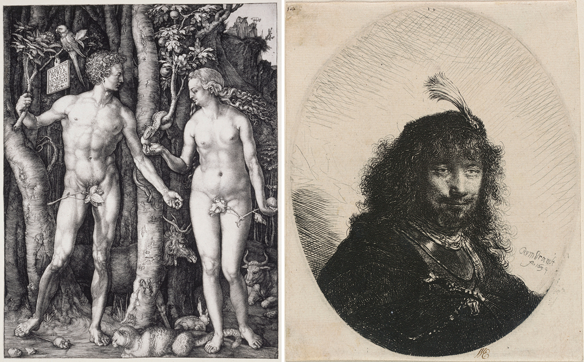 Rembrandt’s “Self-Portrait With Plumed Cap and Lowered Sabre” (right) is an etching, Albrecht Dürer’s “Adam and Eve” (also known as “The Fall of Man”) an engraving.