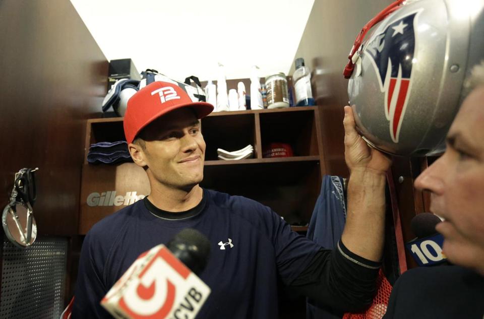 New England Patriots quarterback Tom Brady had a ‘‘Make America Great Again’’ hat from the Trump campaign in his locker in 2015.