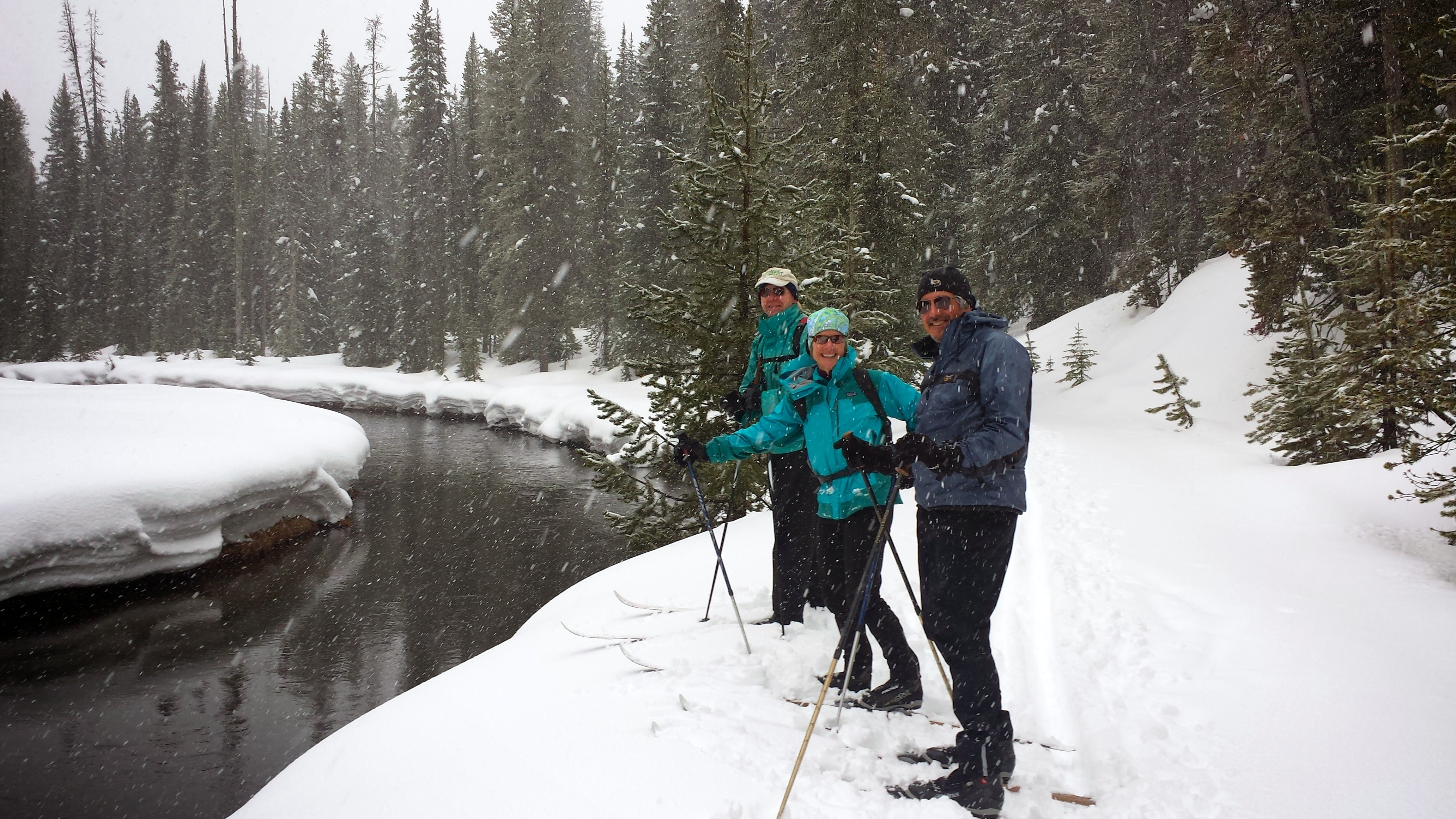 David Goodman (left), wife Sue Minter (center), and a fellow backcountry skier.