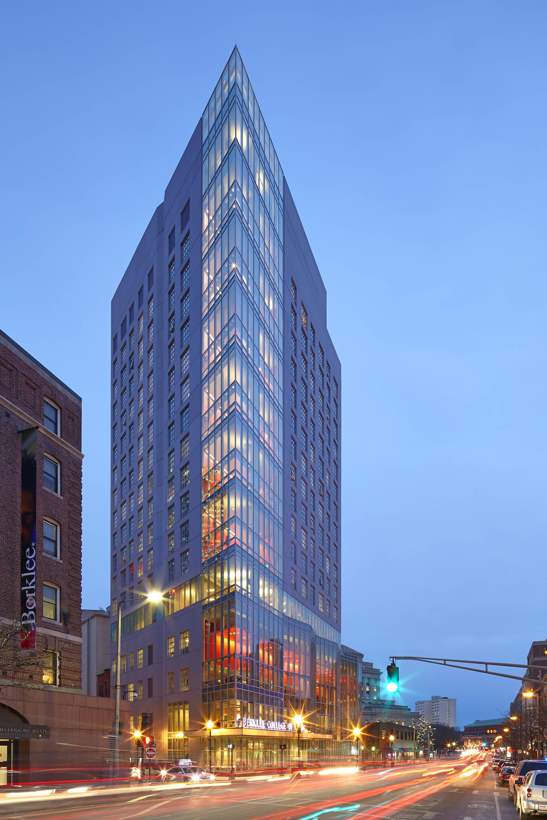 Berklee College of Music’s new addition, 160 Mass. Ave., viewed at dusk, facing south.