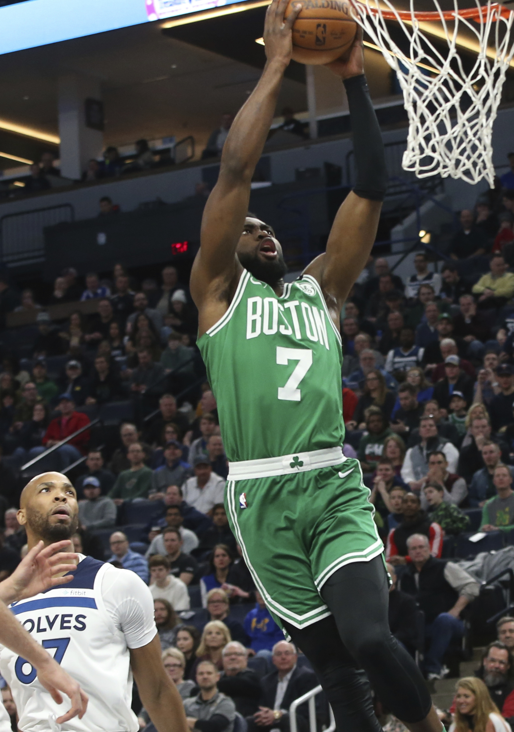 Jaylen Brown was injured on a dunk Thursday night at Minnesota.