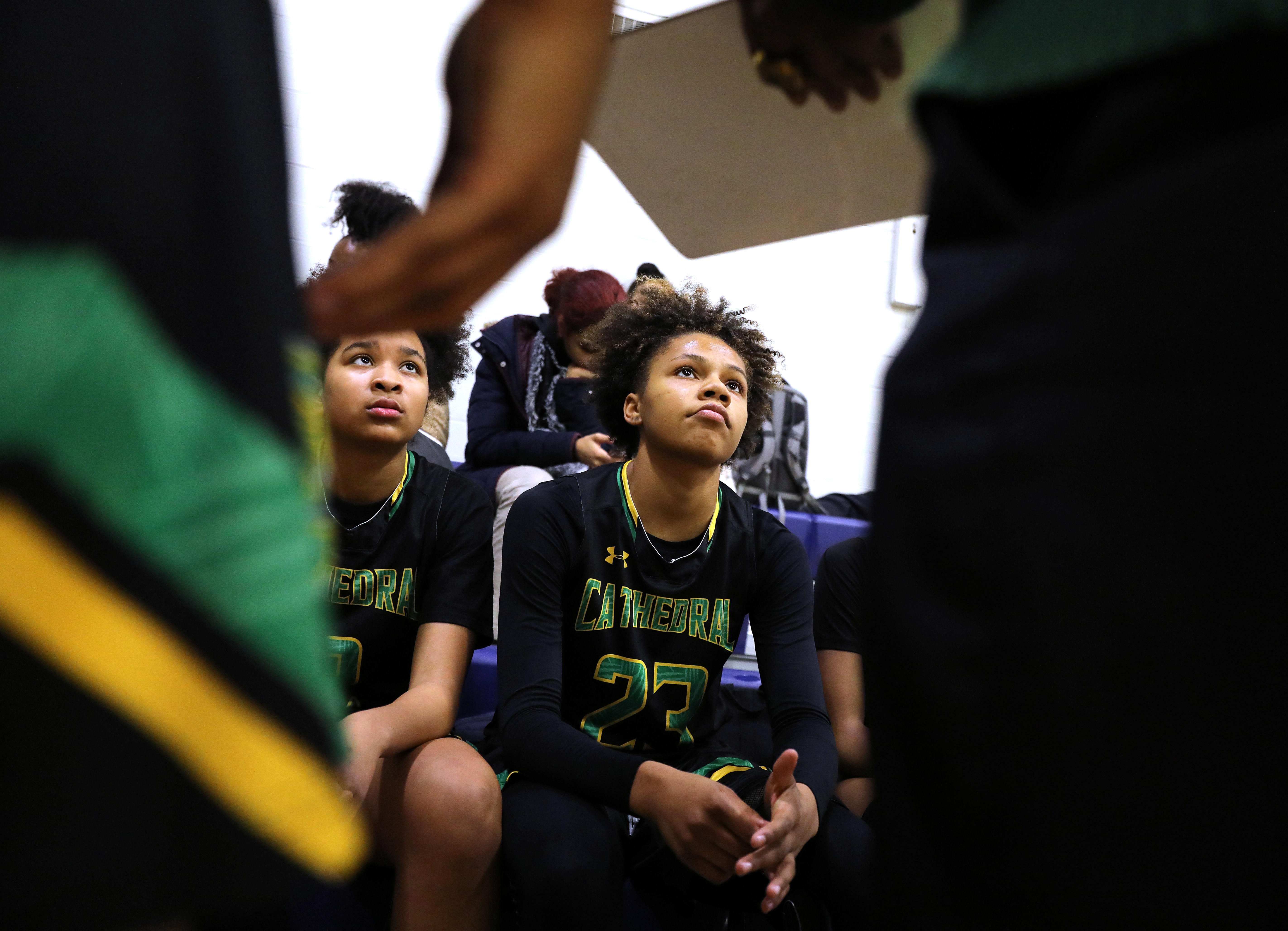 Ariana Vanderhoop (23), listening to Cathedral coach Clinton Lassister, spent considerable time on the bench as a spectator during her recovery from two ACL tears. But now she’s being counted upon to help carry the Panthers.