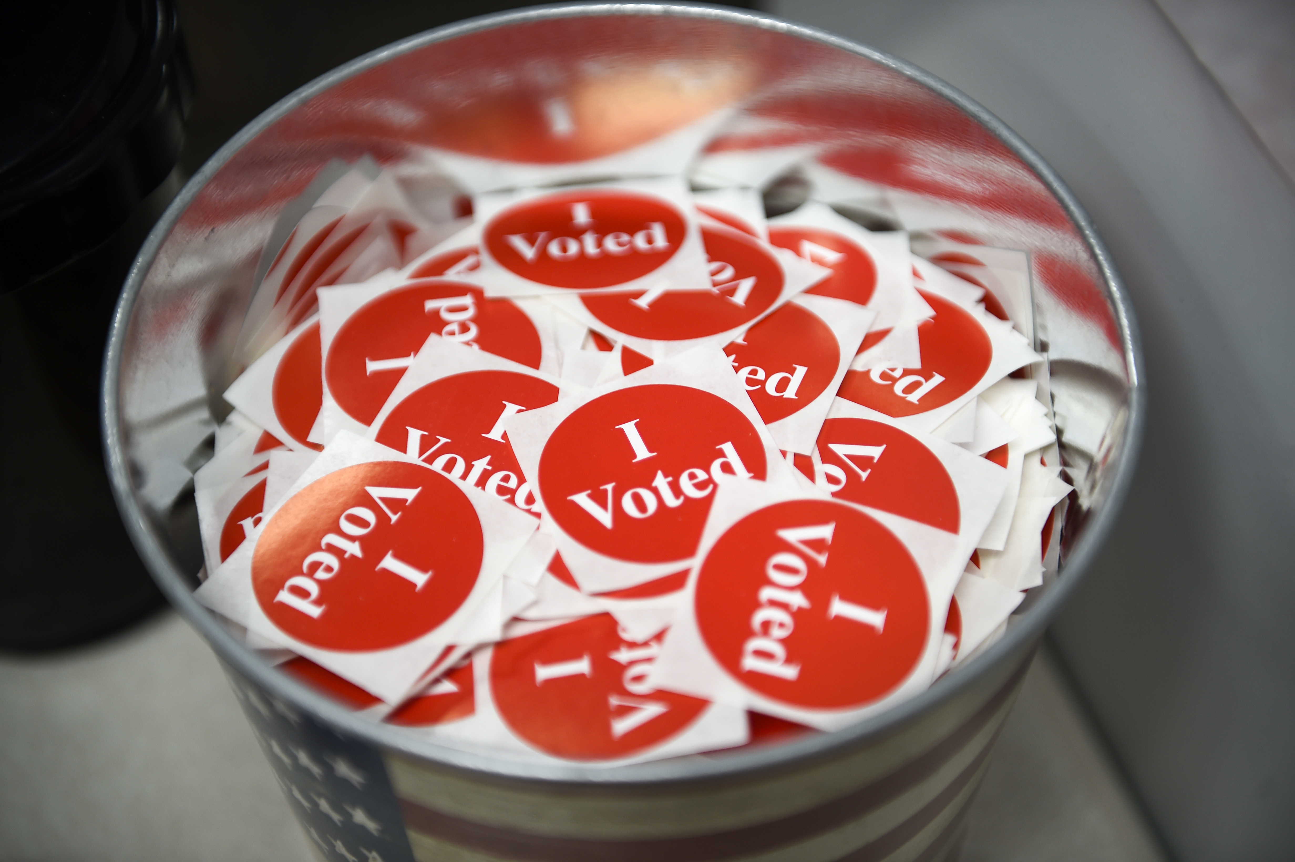 A bucket of stickers awaited voters at the downtown Minneapolis early vote center.