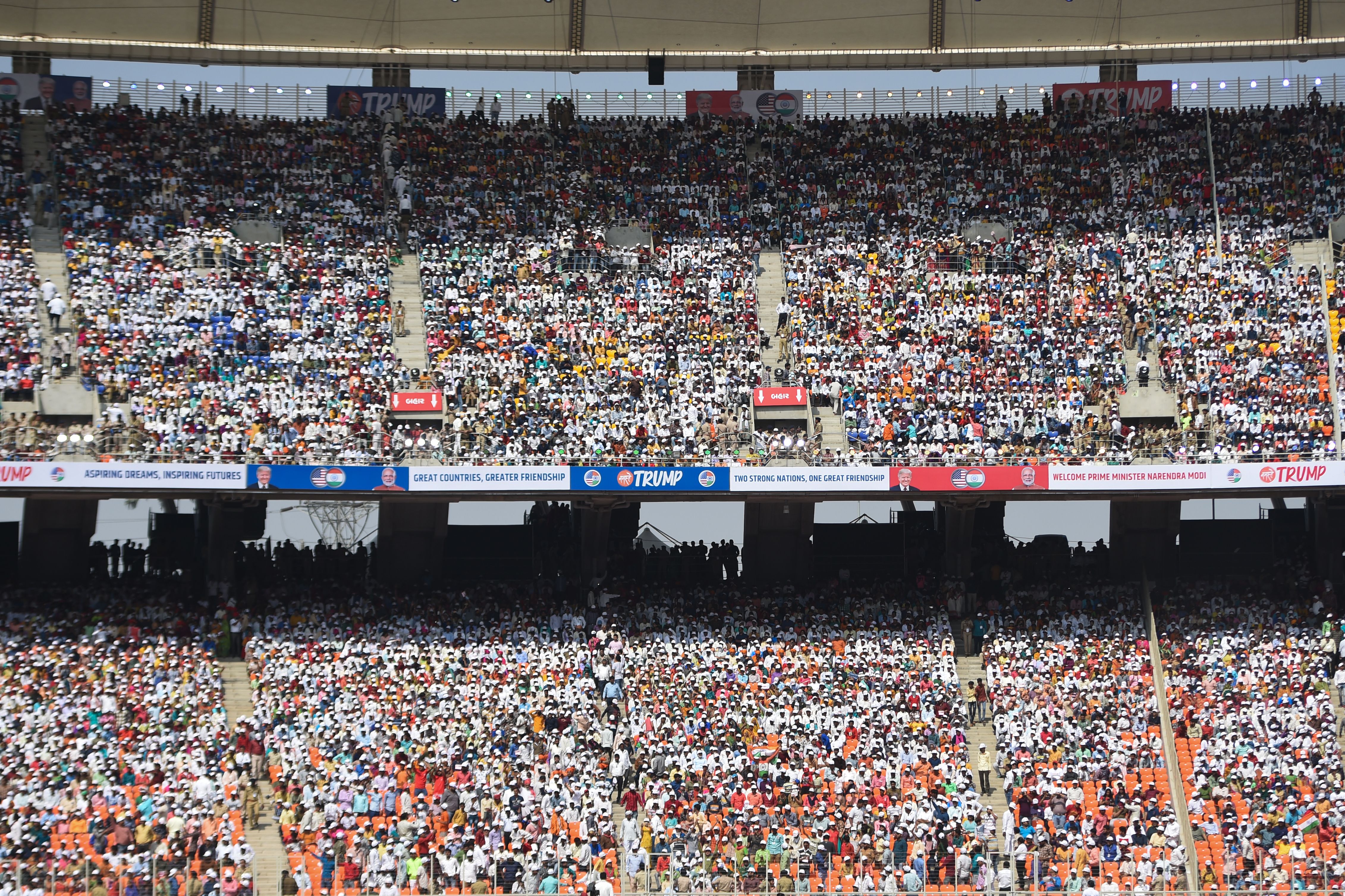People attended the 'Namaste Trump' rally at Sardar Patel Stadium in Motera, on the outskirts of Ahmedabad, India, Monday.